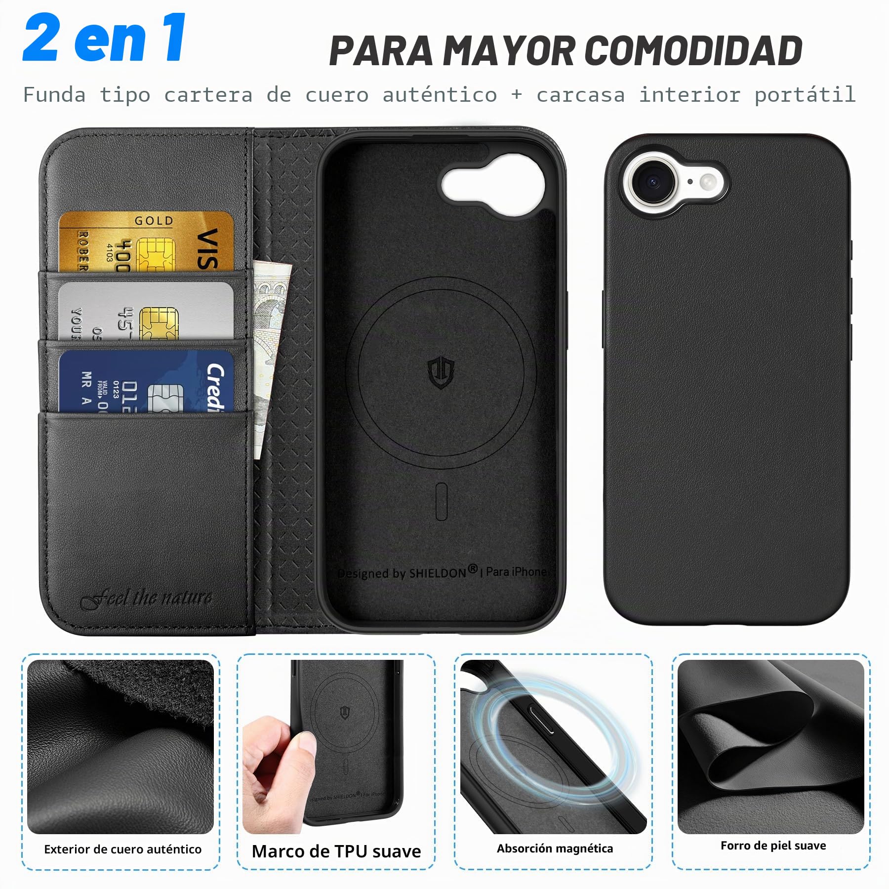 SHIELDON Funda Cartera Cuero Genuino para iPhone 17e/16e 6,1" 2026, Negro | Bloqueo RFID, Soporte Plegable, Funda Cartera Magnética 2 en 1 Desmontable, Ranuras para Tarjetas, 5G