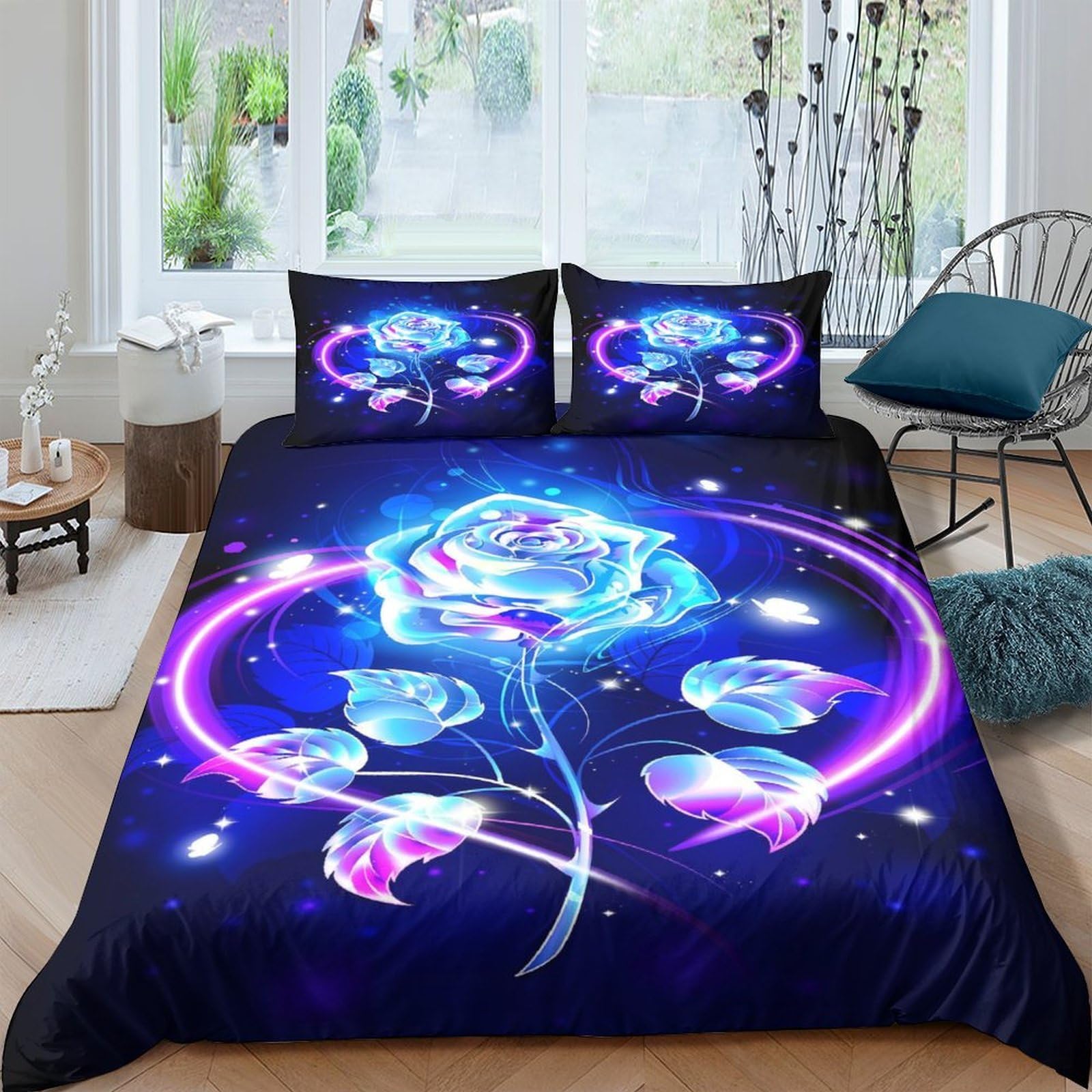 GPLZQXKJNH 3D Printed Blue Neon Rose Duvet Cover Microfiber Soft Breathable Cosmic Glow Bedding Set with 2 Pillowcases for Bedroom Decor Single（135x200cm）