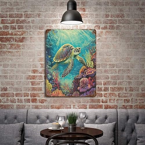 Miniatura 4 de Country Metal Tin Sign Nautical Beach Ocean Theme Underwater Turtle Wall Poster Tin Signs Watercolor Marine Life Tropical Front Door Porch Yard Home