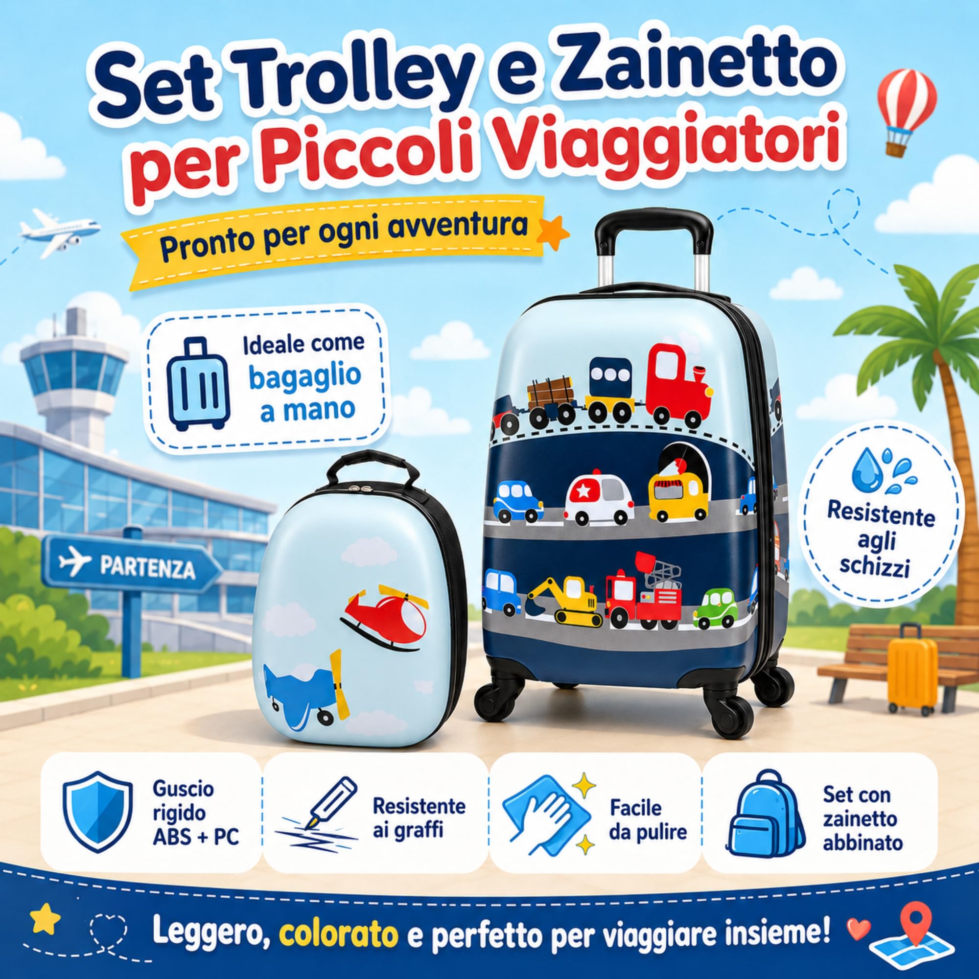 Set Trolley per Bambini 2 Pezzi Valigia Rigida e Zainetto Coordinato Bagaglio a Mano con Ruote Girevoli per Viaggio Scuola e Tempo Libero 46,5x22x32,5 cm Fantasia Traffic