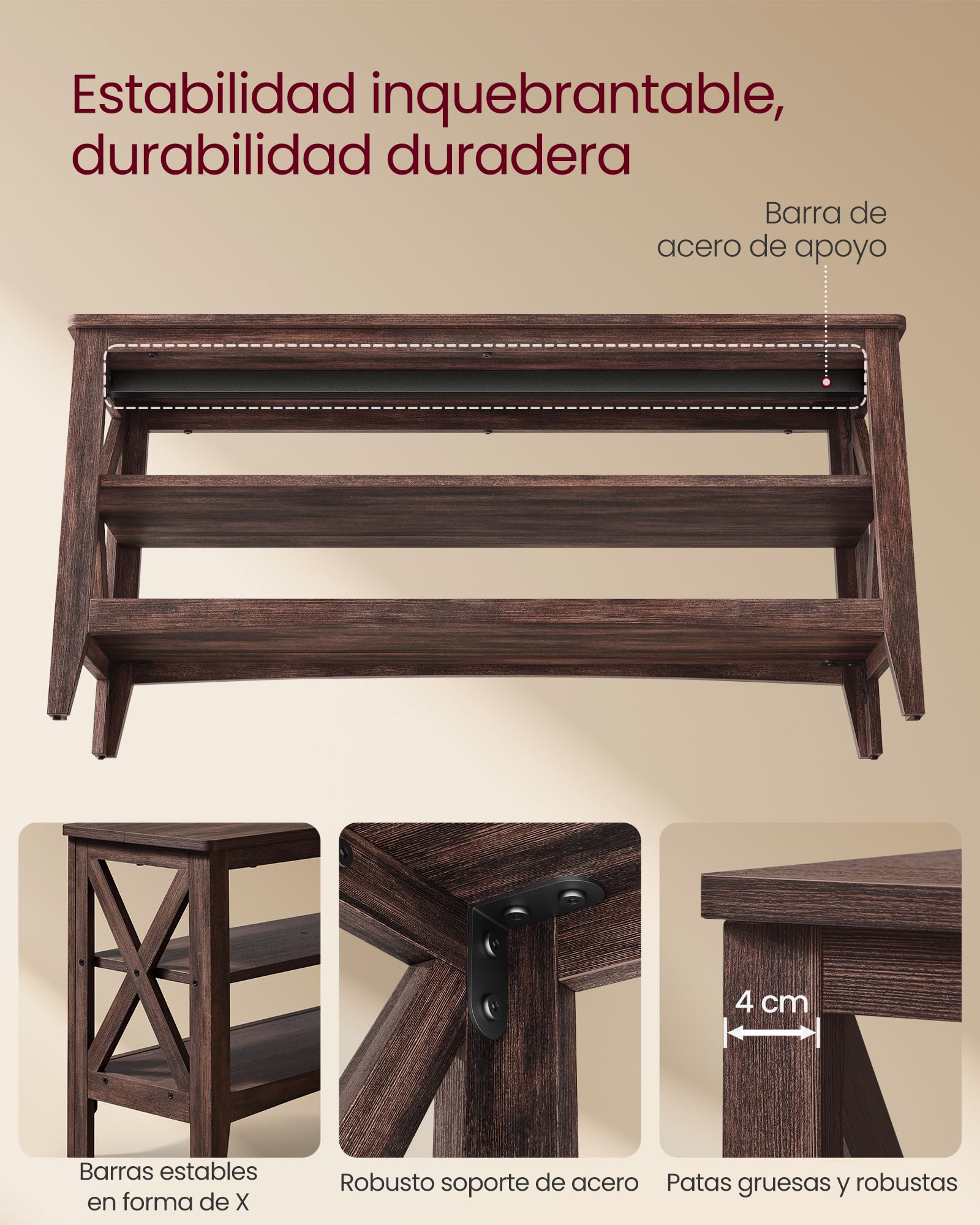 Vasagle Zapatos, Banco para Pasillo, Zapatero de 2 Niveles, 30 x 100 x 48 cm, Soporta hasta 272 kg, Estilo Rural, para Salón, Dormitorio, Granate LSB153K51, Marrón Miel, 30 x 100 x 48cm