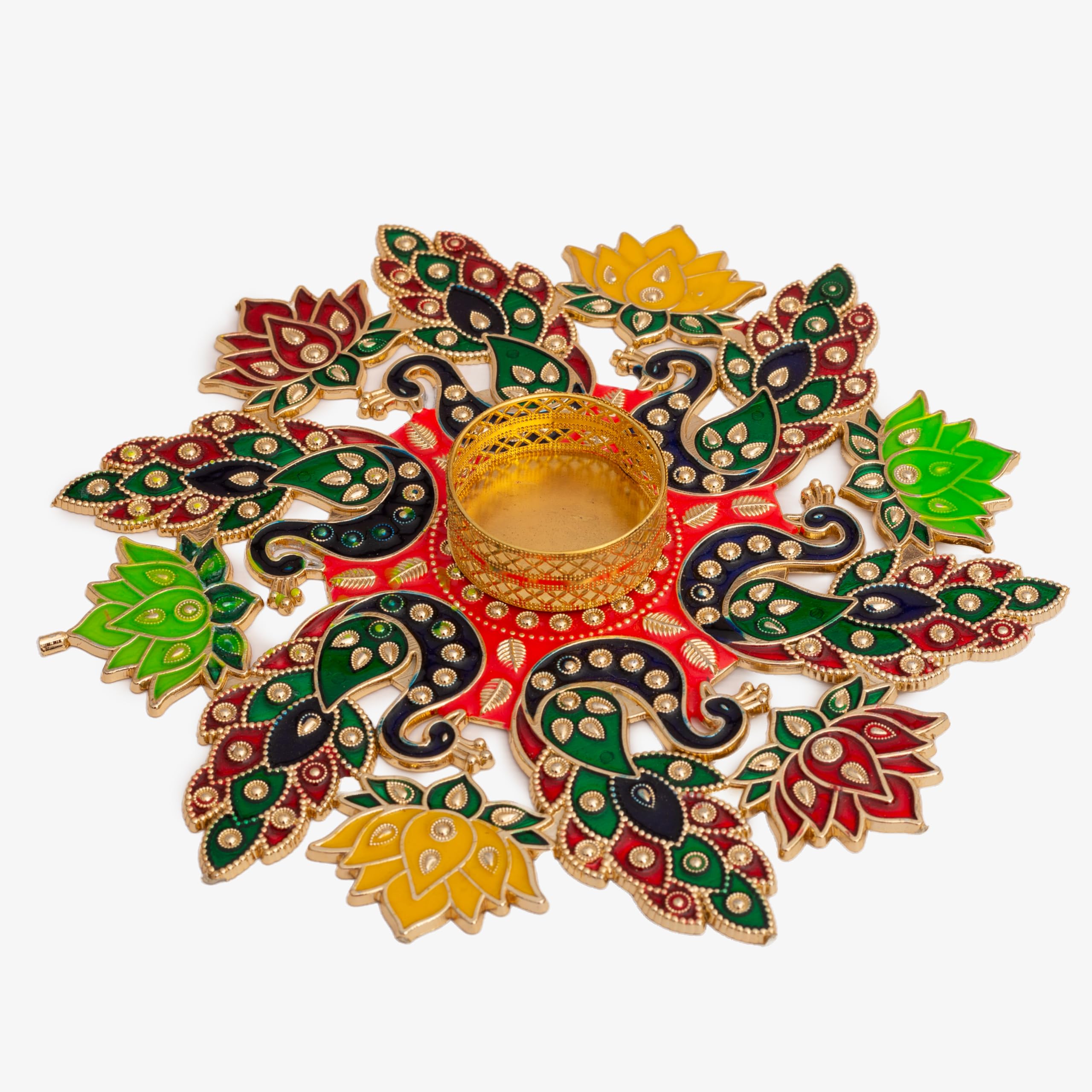 7.5 Inch Diwali Floor Rangoli Decoration With T-Light Candle Holder For Home Entrance & Pooja, Traditional Indian Home Decor For Deepawali Festival Decor & Gifting, Durable Acrylic, Multicolor, Round