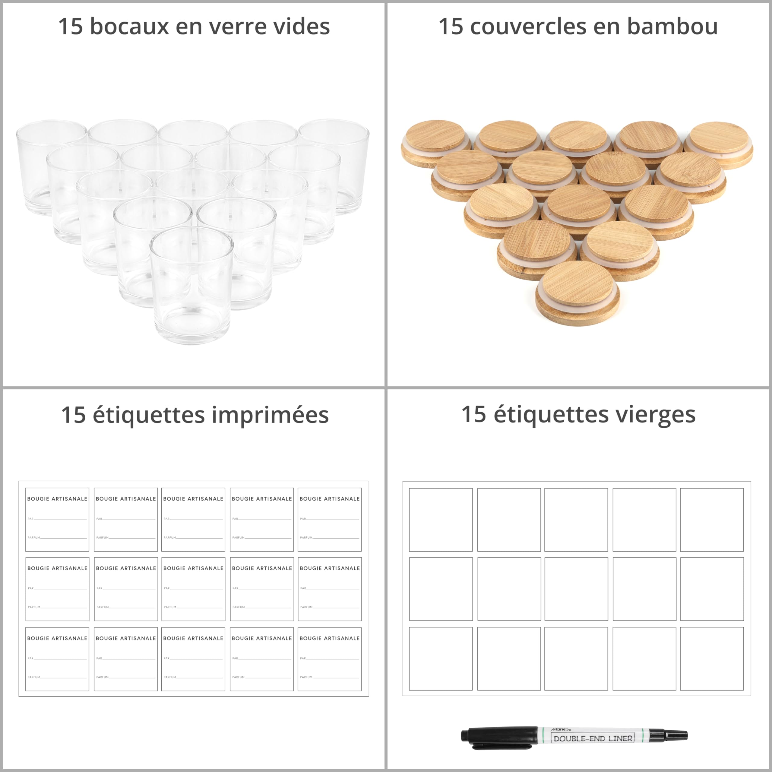 Winter Shore Petit Pot en Verre 170 ML avec Couvercles [Lot de 15] - Contenant Bougie Transparent - 15 Étiquettes Autocollantes, 15 Étiquettes Vierges & 1 Stylo Noir Inclus