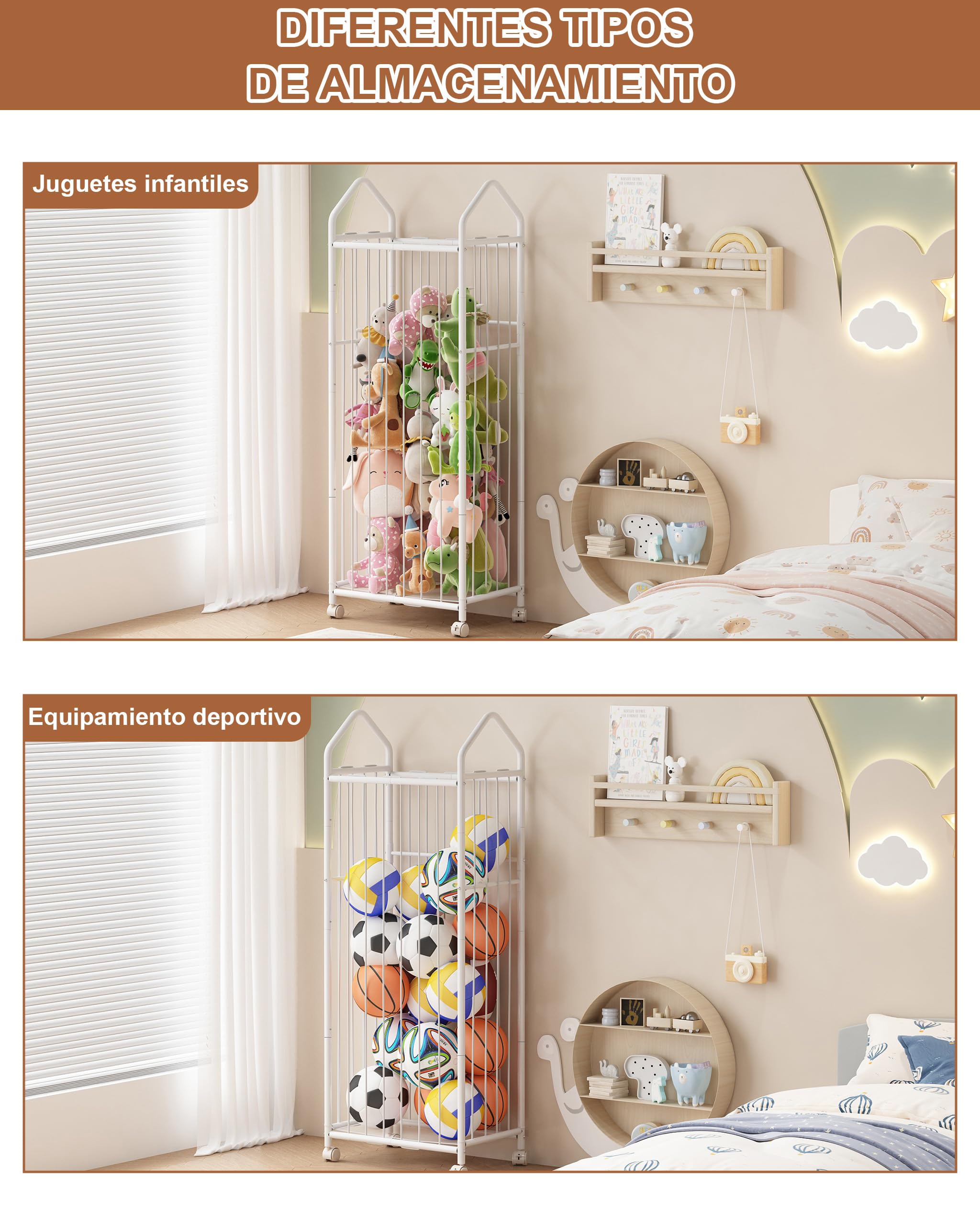 UMDONX Organizador de Juguetes Grande con 4 Ruedas Giratorias y Frenos 360° | Armario de Almacenamiento Alto para Peluches (Blanco, 56x35x154 cm)