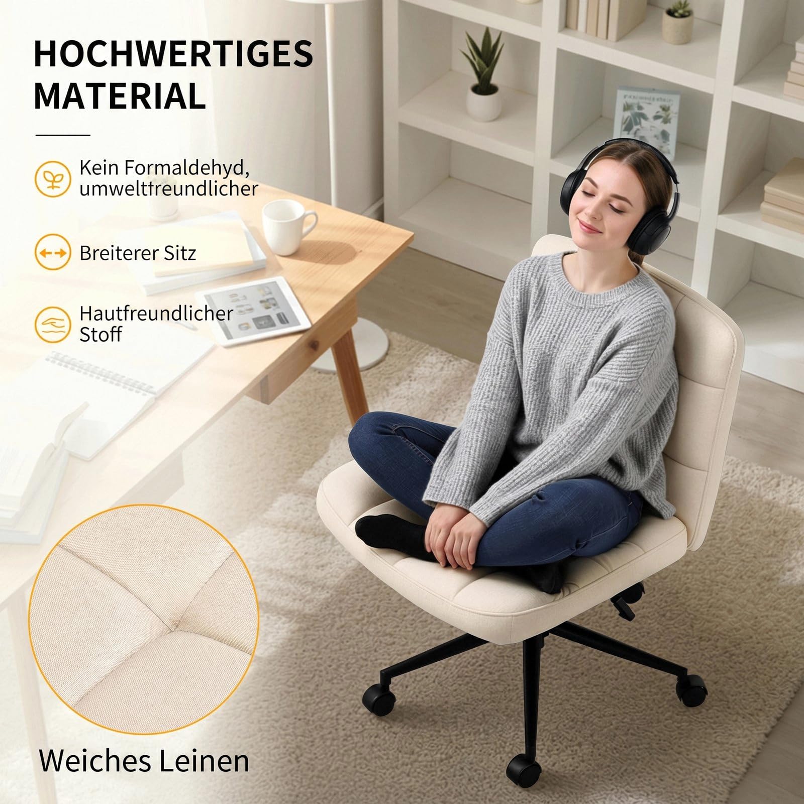 Clevich Bürostuhl Ohne Armlehne, breiter Schneidersitz Schreibtischstuhl, ergonomischer höhenverstellbar, moderner Drehstuhl mit Wippfunktion für Home Office und Schlafzimme (Leinen, Beige)