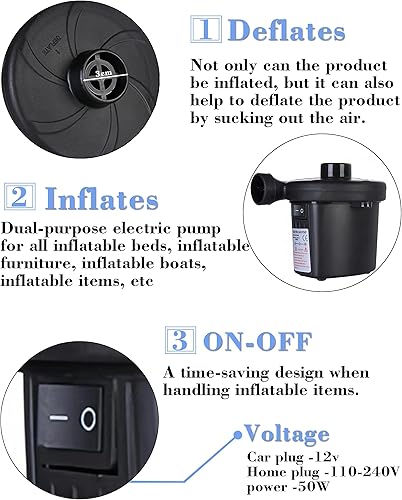 Miniatura 3 de Bomba de aire eléctrica inflable, bomba de inflado rápida portátil de 110 V AC12 V CC con 3 boquillas, utilizada para barcos inflables, etc