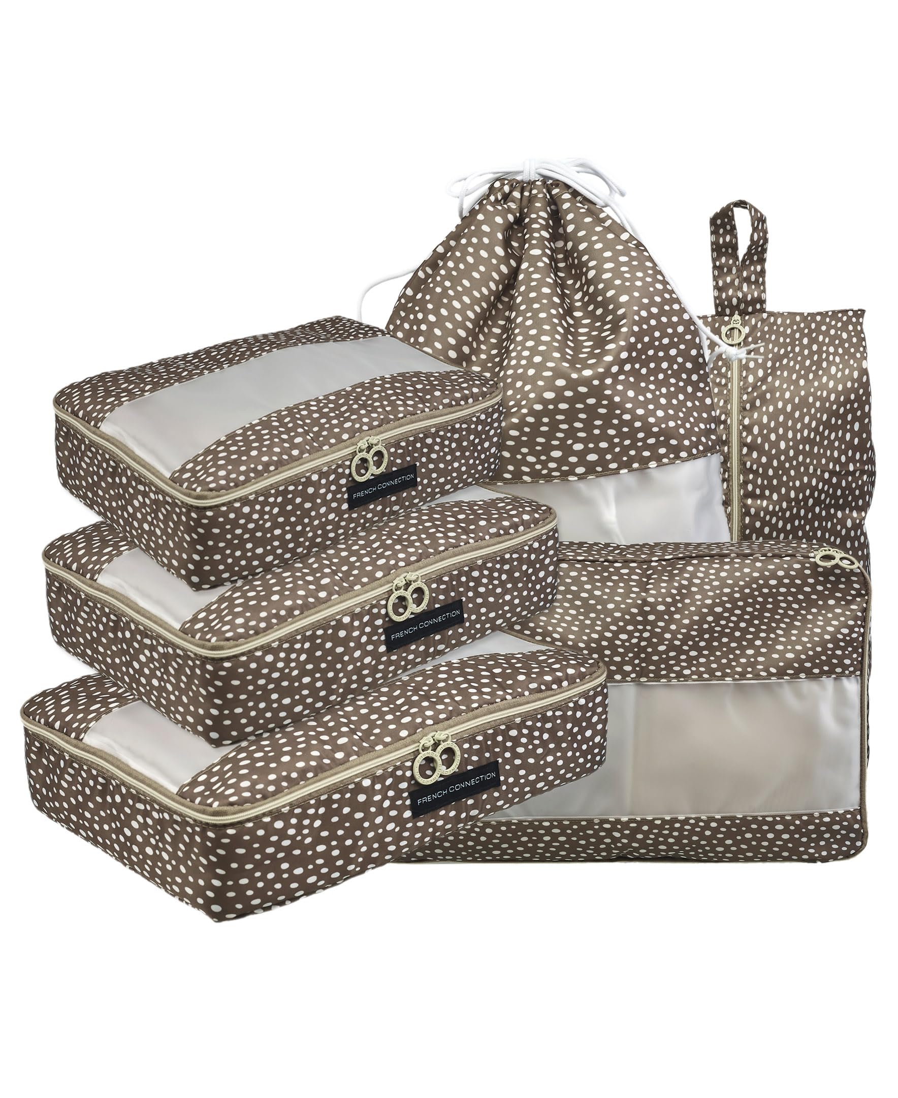 French ConnectionFrench Connection 6pc Packing Cube Set - Water and Tear-Resistant Polka Dot Travel Storage Set for Luggage - Set of Packing Cubes for Travel, Shoe Bag, and Laundry Bag Travel Essentials in Black