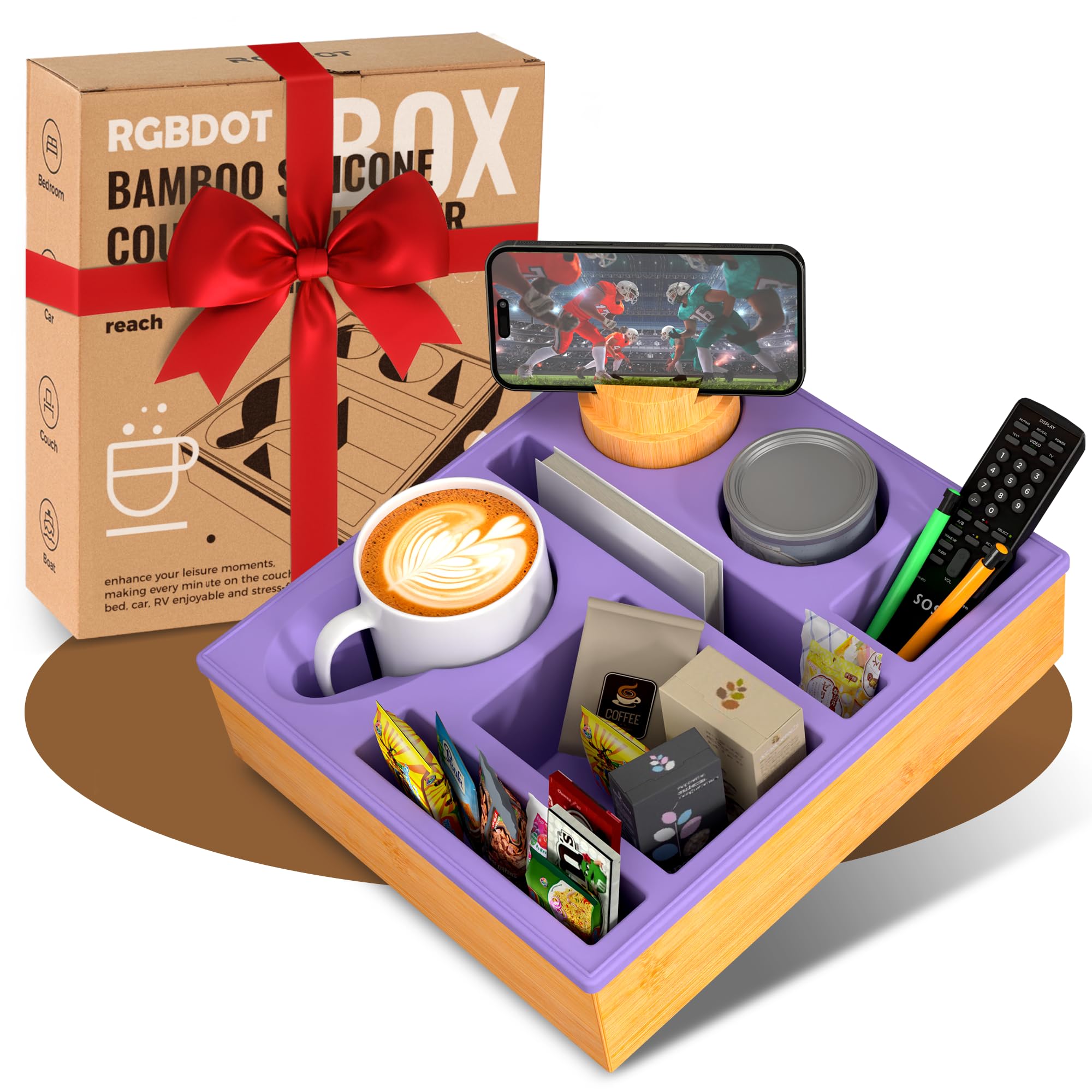 Couchbar Snackbox Silikon sofatablett mit 360 Grad Drehbar Handyhalter beistelltisch mit Holz Sofatablett für Sofa, kino Deko, Couch organizer Bar mit Getränkehalter - Snackbox mit Fächern (violett)