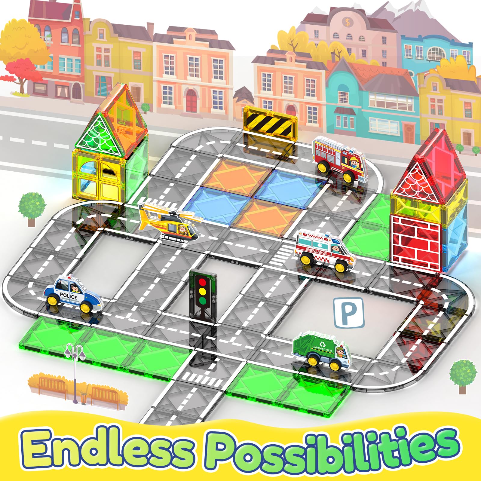 Oriate City Car Magnetic Tiles, Rolling City Vehicles with Magnetic Blocks Road Set - Image 2