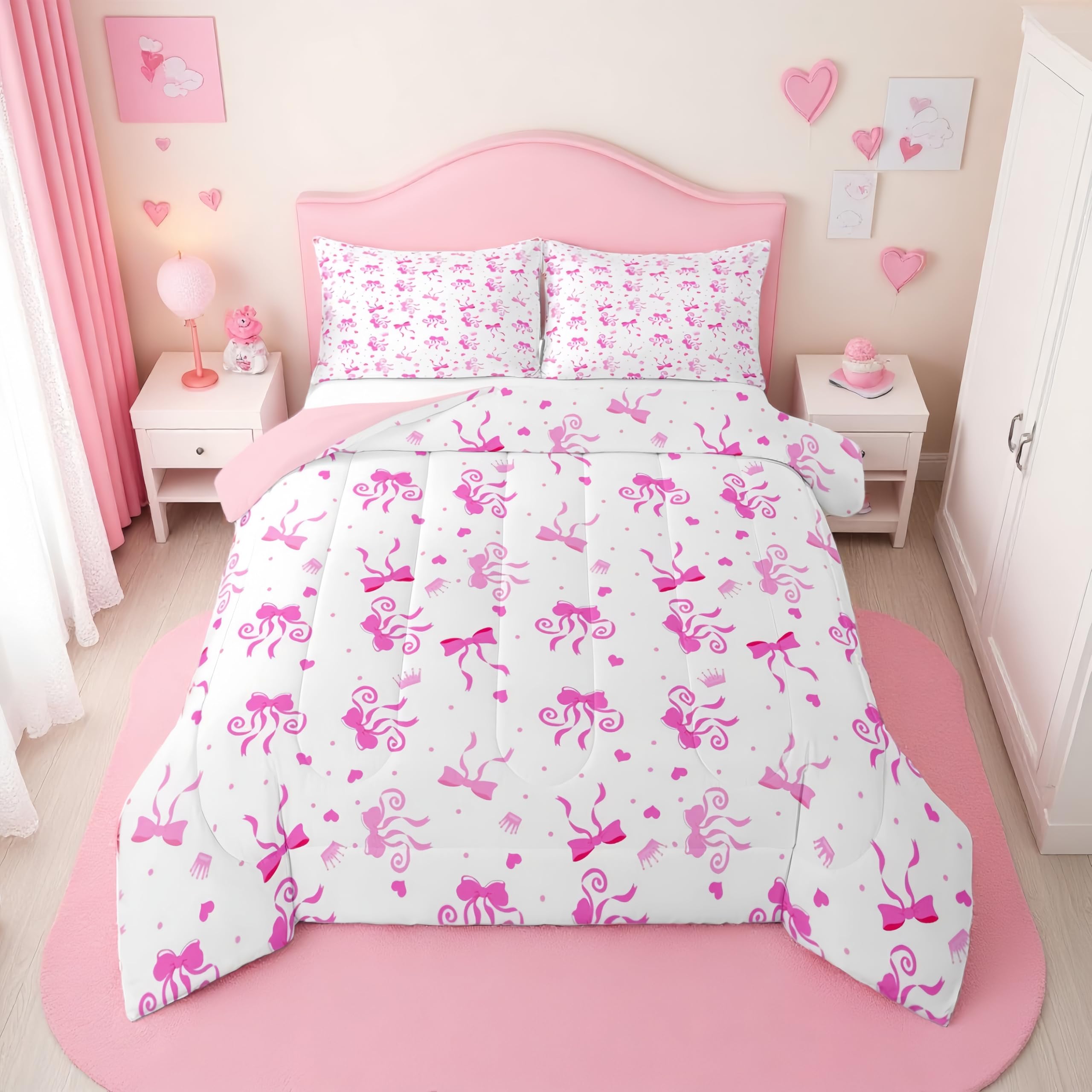 Erosebridal Girls Pink Bow Full Comforter Set | Cute Coquette Pink Bows Bedding Set for Kids Women, Princess Ribbon Bow Tie Quilt, Bowtie Love Valentines Bedroom Decor, 2 Pillowcases