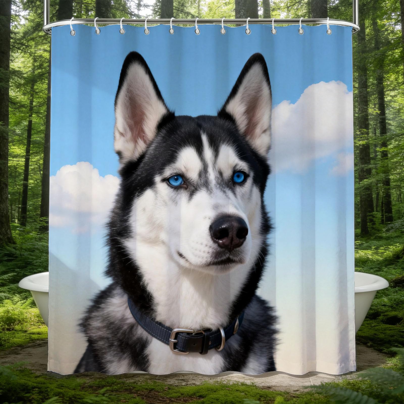 Hongduo White 3D Husky Shower Curtain For Stalls Bathtubs Pet Dog Bathroom Decor Shower Curtain Set Polyester Fabric Waterproof 200X200cm/79X79 Inch With Hooks