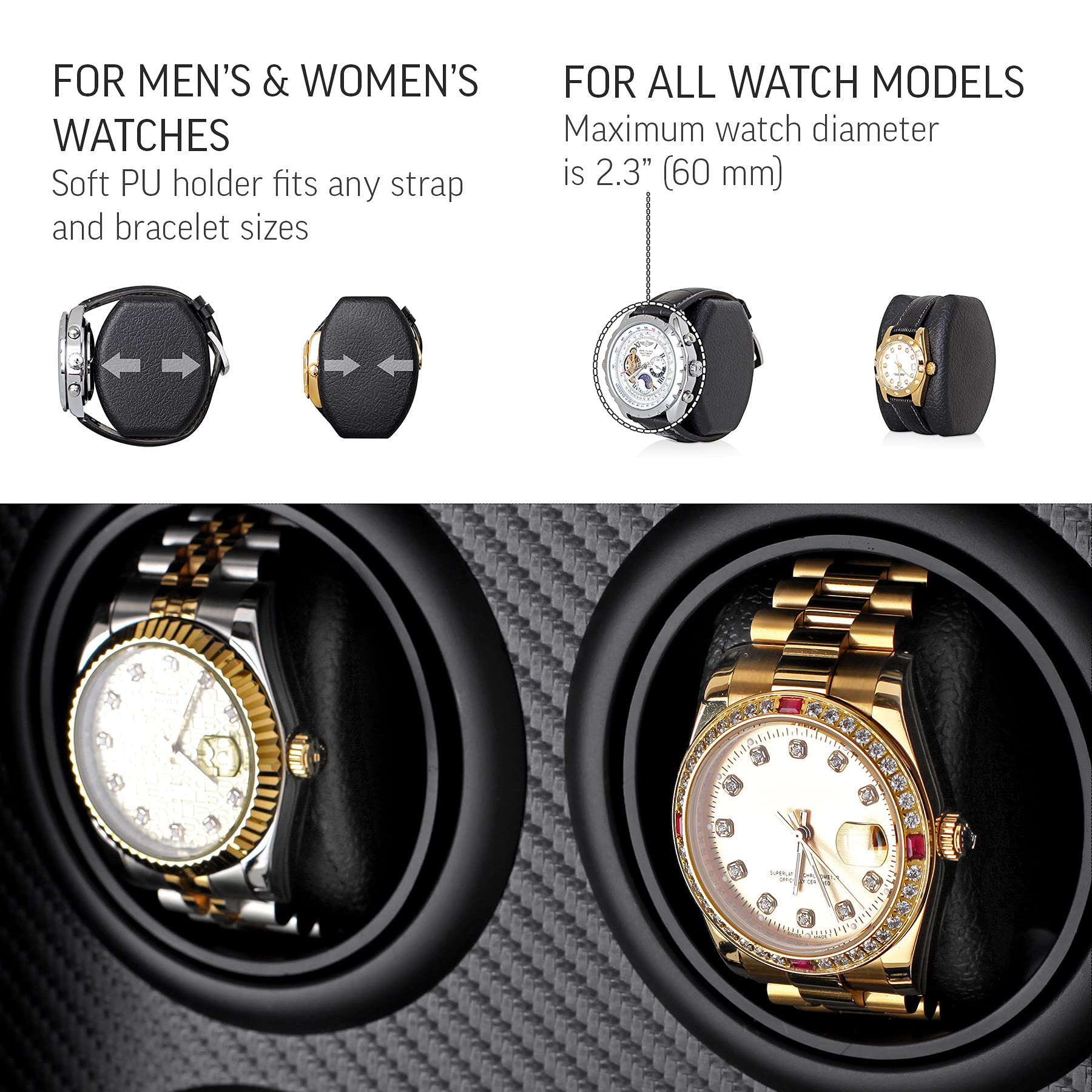 Enrollador automático de relojes para 4 relojes con luz LED, pantalla LCD, control remoto y cajón de almacenamiento, Negro -, Bobinador de relojes