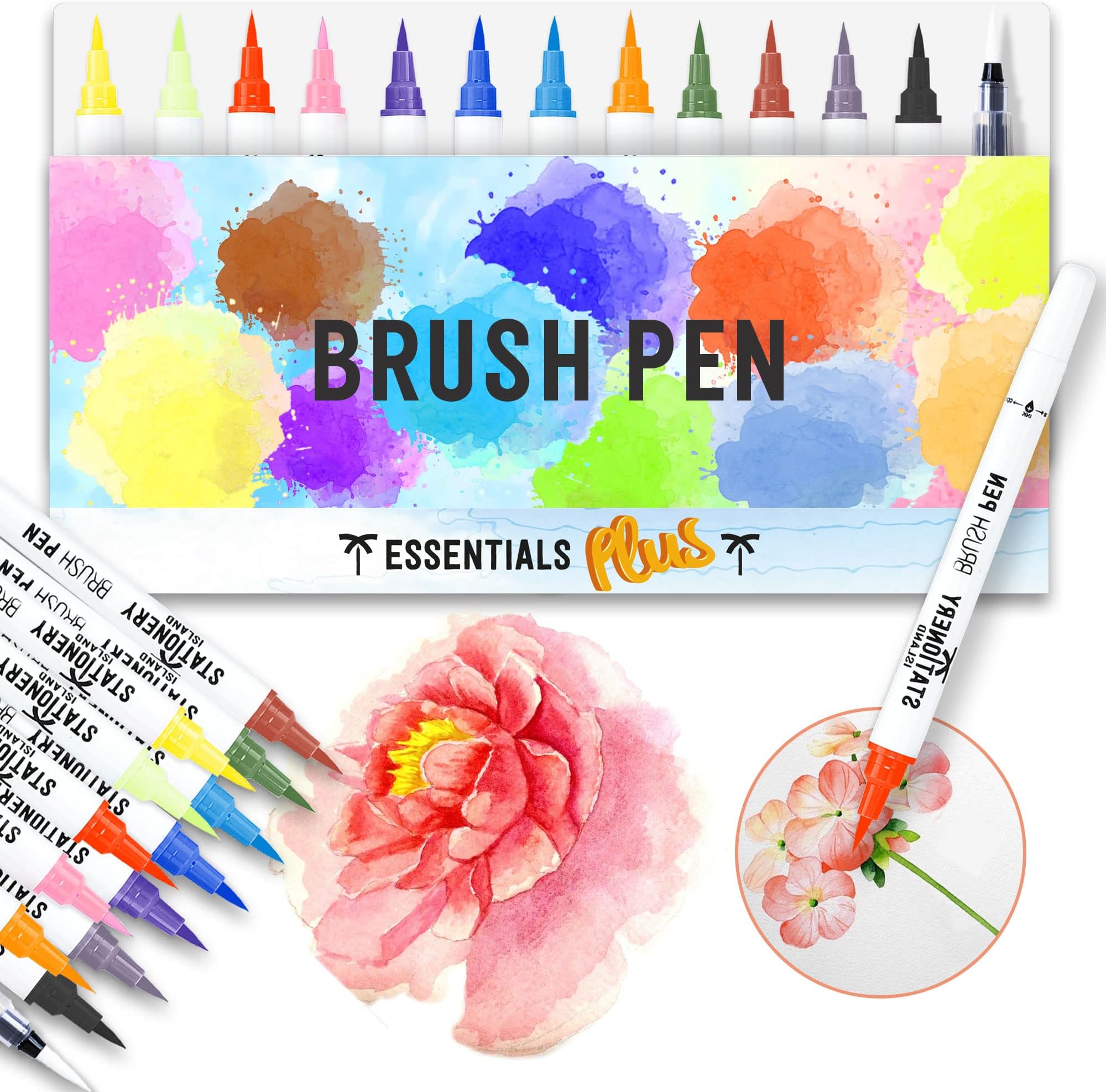 STATIONERY ISLAND Watercolour Brush Pen Set Colouring Highlighter Markers Felt Tips Calligraphy Brush Pens Water Colour Lettering Pen Set for Professional Adults and Kids