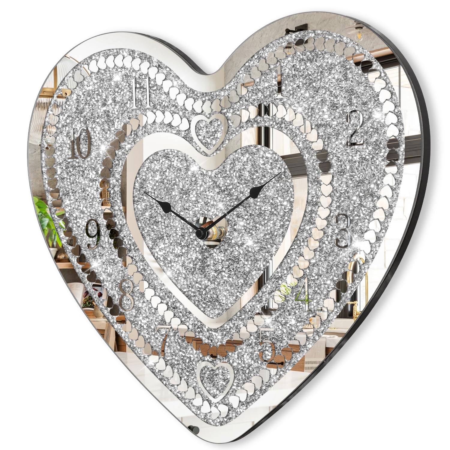 crystal wall clocks for living room decor heart shape silver diamond mirrored wall clock with sparkle twinkle bling crushed diamond for wall decoration
