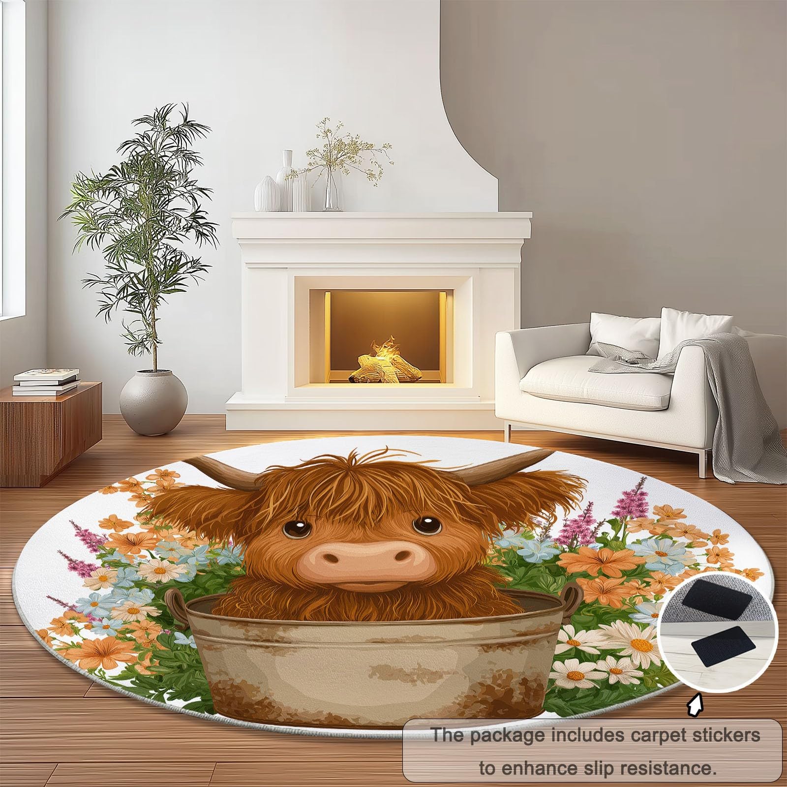 Générique Okrągły dywan Cartoon Highland krowa kwiaty 150 cm, można prać w pralce, do salonu, antypoślizgowy, z nadrukiem, do jadalni, pokoju dziecięcego, żłobka, brązowy