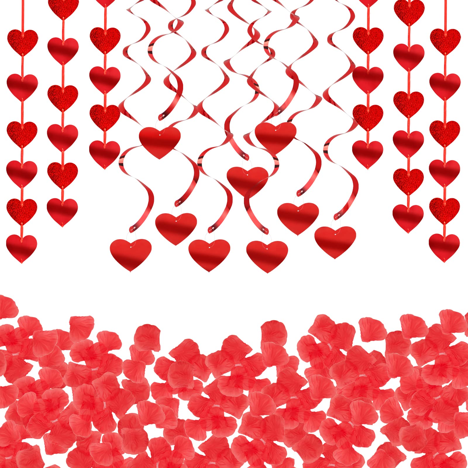 Kit de Decoración de San Valentín 24pcs Guirnaldas Colgantes Corazón + 200pcs Confeti Pétalos Rosa Guirnaldas en Espiral Roja Adornos Boda Aniversario