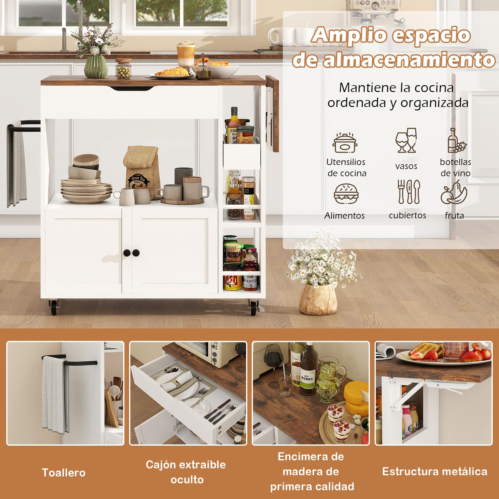 YU YUSING Isla de Cocina con Ruedas y Encimera Extensible, Carrito Cocina Compacto 104x40x89cm, Mueble Auxiliar de Cocina con 4 Estantes Abiertos, 2 Cajones, Puerta, Irador de Hierro, Cajón, Blanco