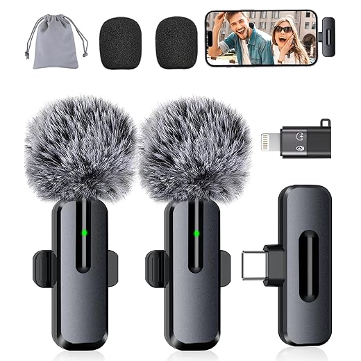 Wireless Mini Microphone for iPhone - 2 Pack Lavalier Bluetooth Microphone for Video Recording, 2 in 1 Noise Reduction Lapel Mic for Ipad, Android,Clip-on Mini Mic for Content Creators Podcast