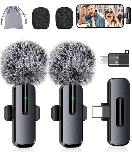 ZOPPLM Wireless Mini Microphone for iPhone - 2 Pack Lavalier Bluetooth Microphone for Video Recording, 2 in 1 Noise Reduction Lapel Mic for Ipad, Android,Clip-on Mini Mic for Content Creators Podcast - Black-(USB-C + Lightning)