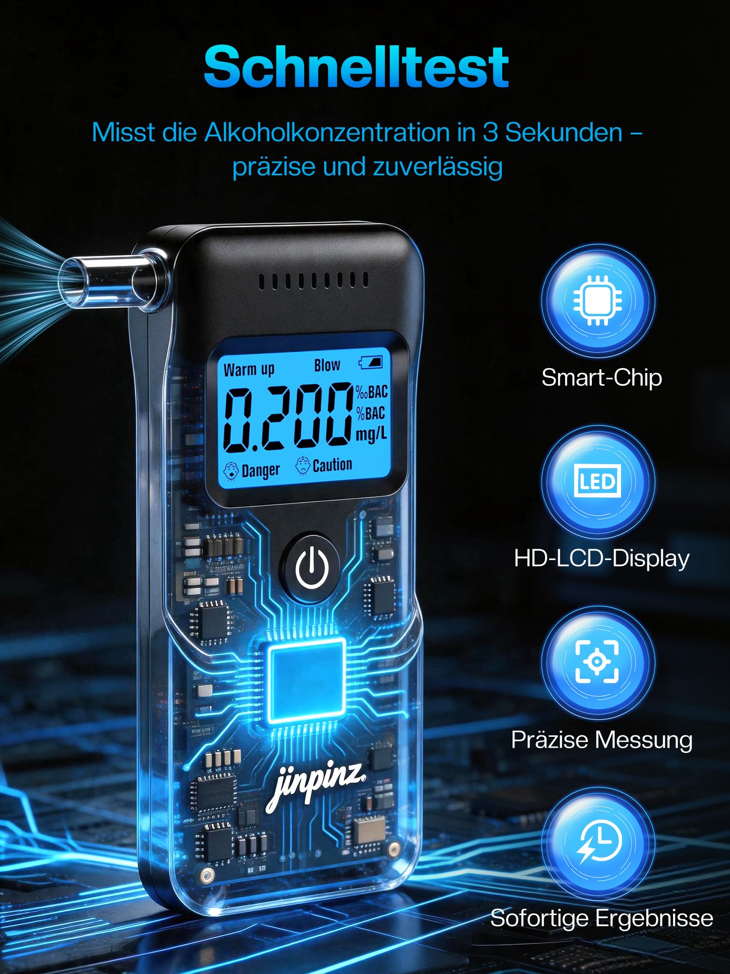 Alkoholtester Promillemessgerät Atemalkoholtester mit Halbleiter Sensorik LCD Display - Tragbarer Alkoholmessgerät 10 Mundstücken Schwarz