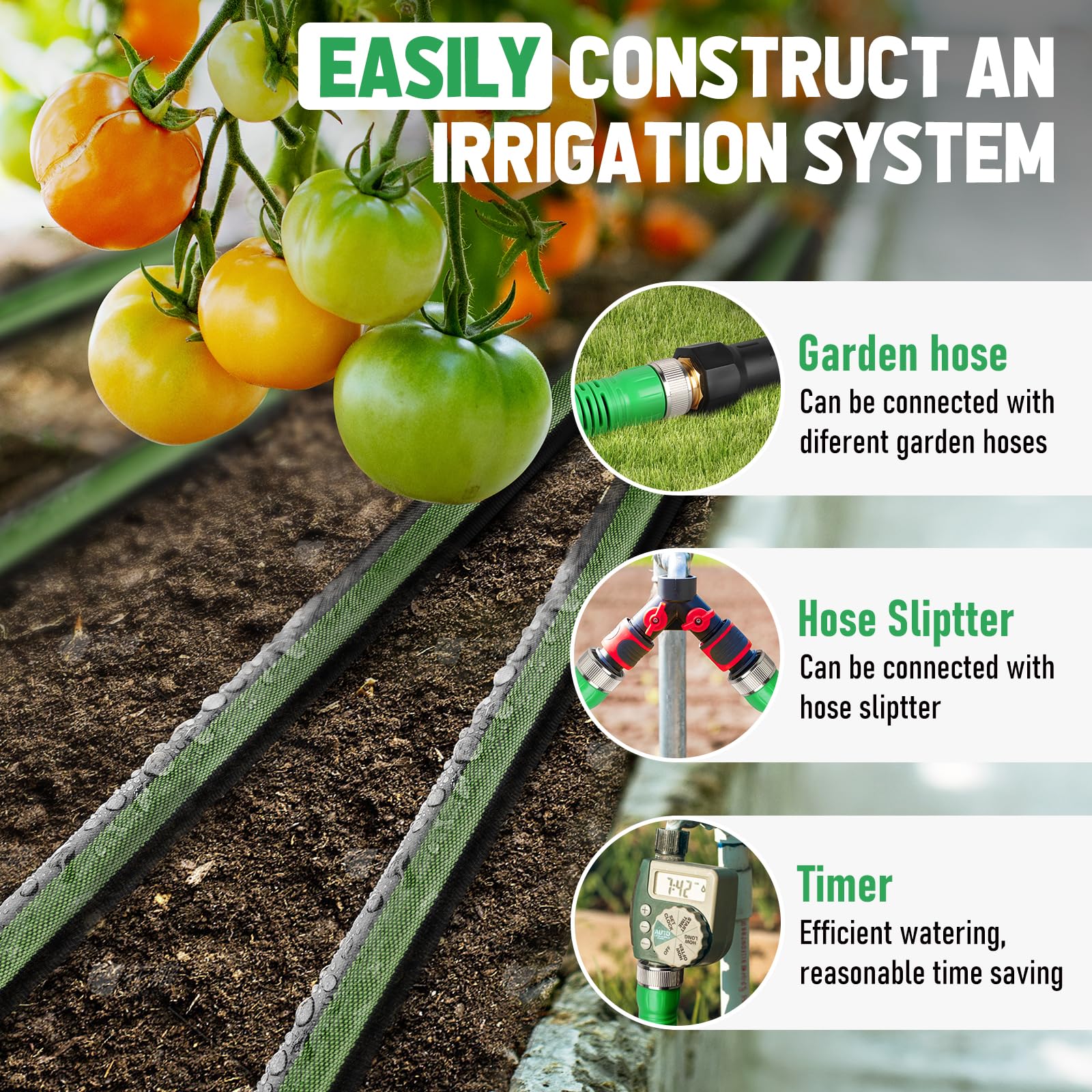 Tubo piatto per irrigazione a goccia, 30 m, per giardino e prati, 80% di risparmio idrico, con estremità in alluminio aeronautico anodizzato, flessibili a doppio strato (15 m x 2 pezzi)