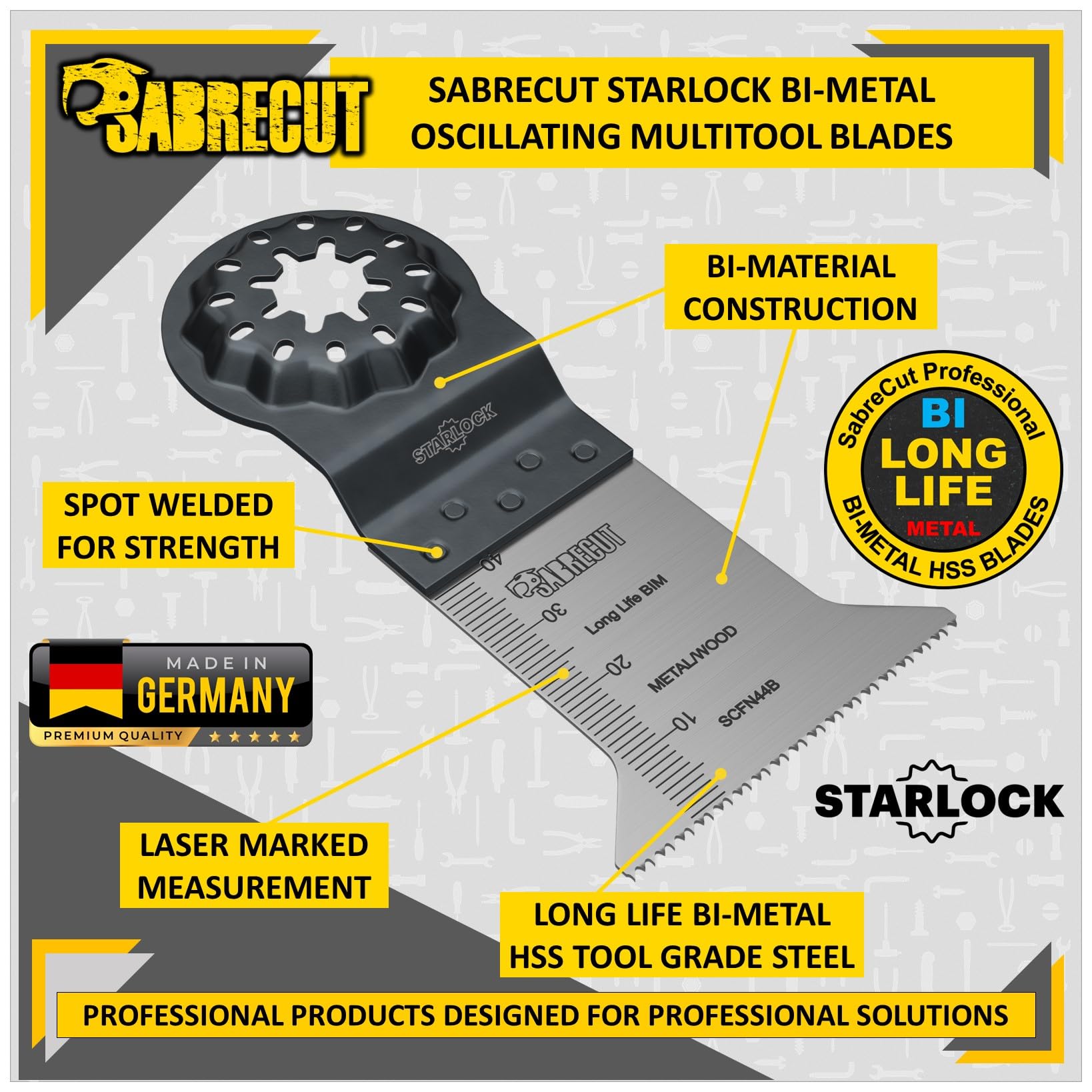 SabreCut 5pcs SCFN44B_5 50mm x 40mm 18 TPI Hojas multitool Larga vida | Compatible con Bosch, Fein (Non-StarLock), hojas HSS bimetal cortan madera, metal y clavos