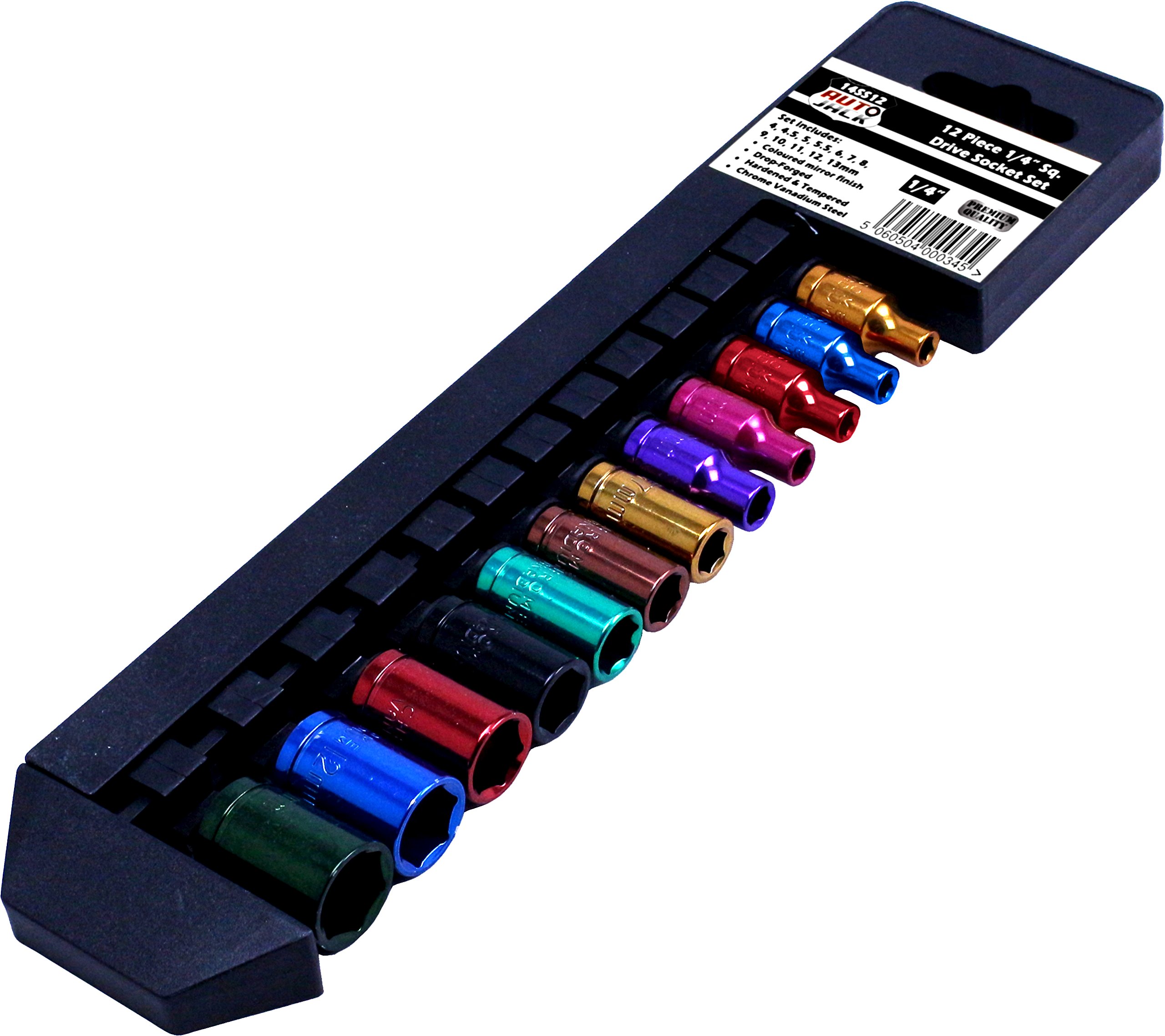 Autojack Multi Coloured 1/4" Socket Set 12 Piece Metric Sockets With Included Storage Rack, Premium Chrome Finish For Corrosion Resistance