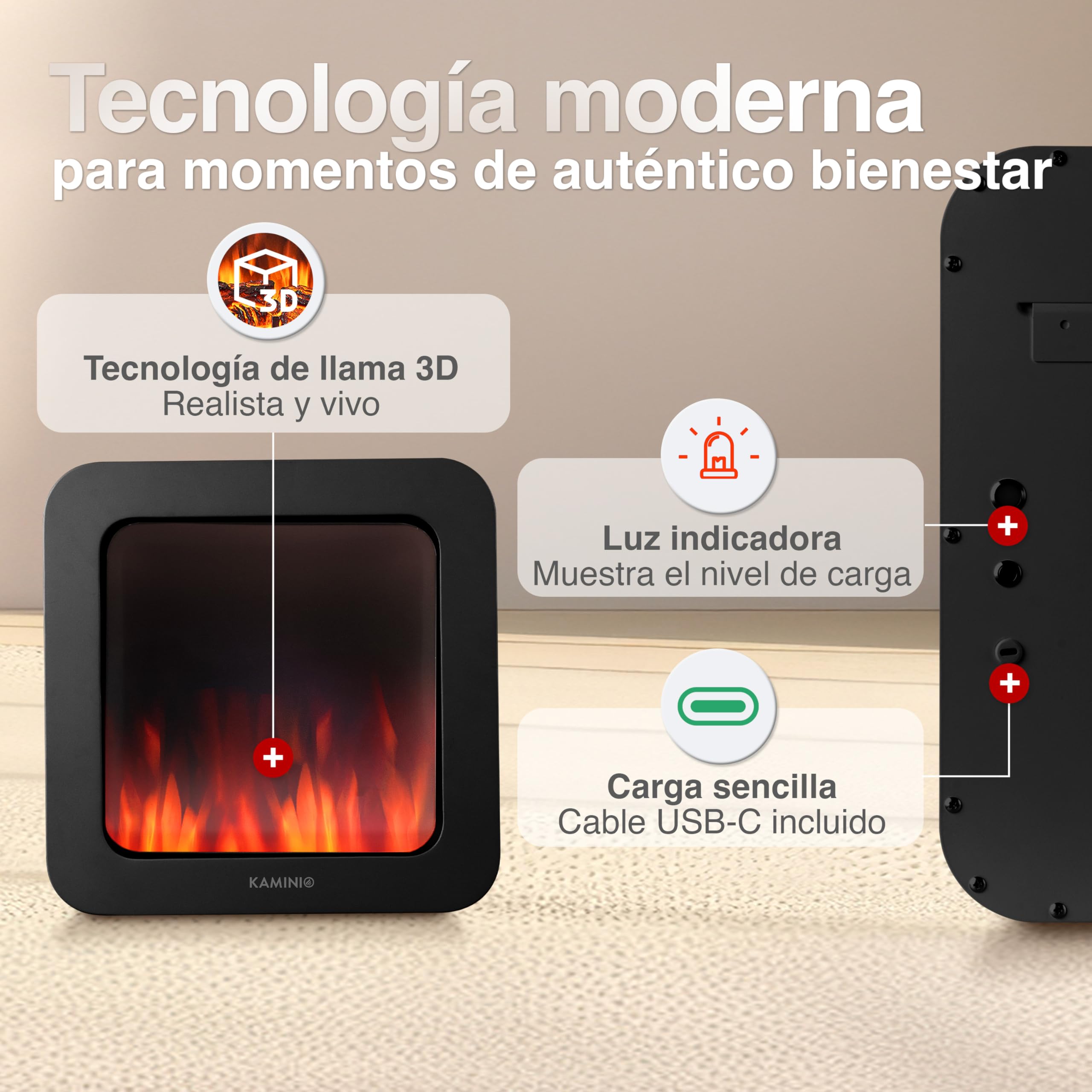 KAMINIO Chimenea de Mesa MIA - Decorativo Brasero Des Mesa eléctrica con Efecto Llama 3D, batería de Larga duración, sin Cable, portátil (Negro, 10"/25cm)