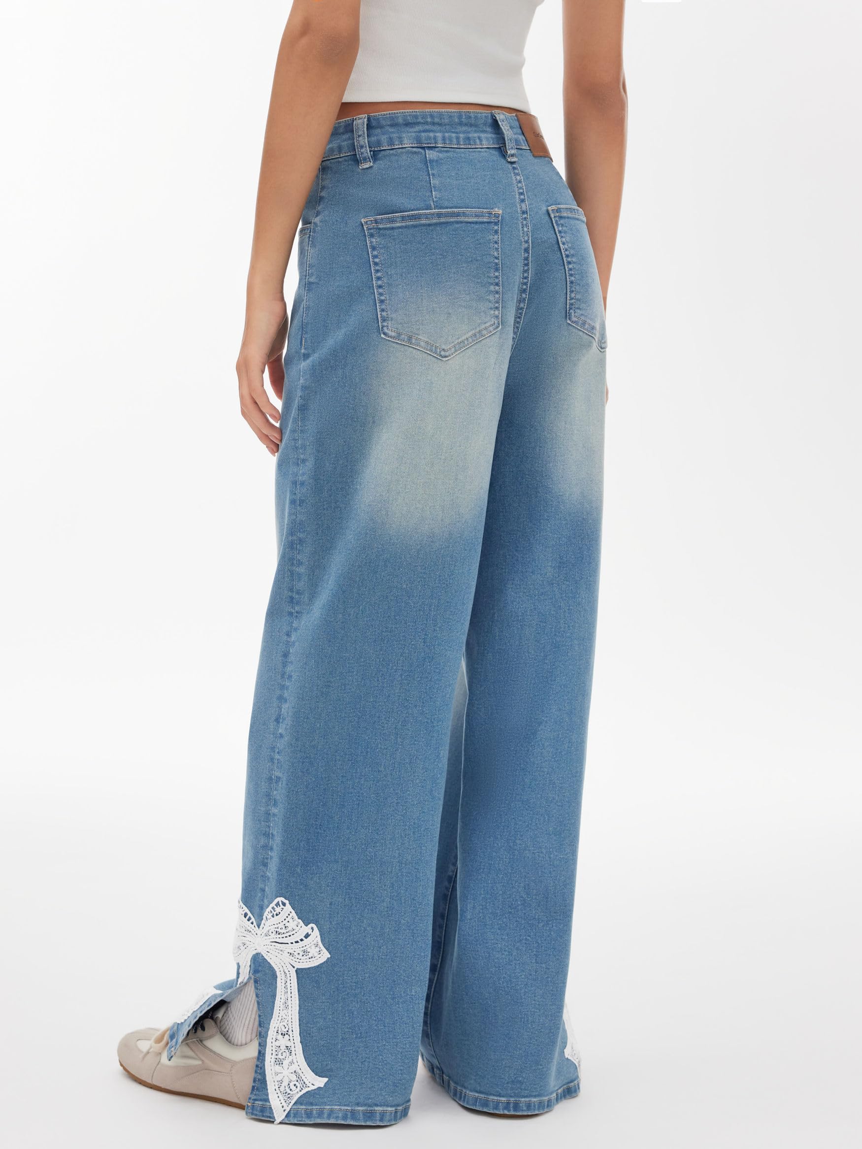 CIDER Baggy Jeans mit weitem Bein für Damen, mittlere Taille, Schleife, Denim-Hose