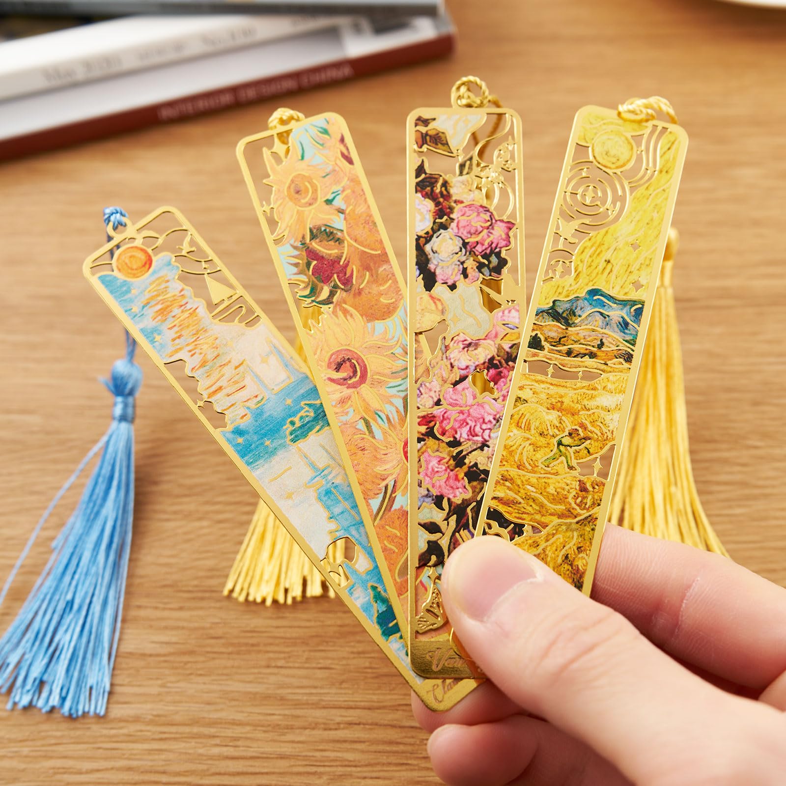 ZOUIQSS Metal Bookmarks with Tassel Golden Hollow Bookmark Van Gogh Oil Painting Theme Book Mark Bookmarks for Book Lovers Writers Readers Men Women,4 Pieces,Style5 - Image 4