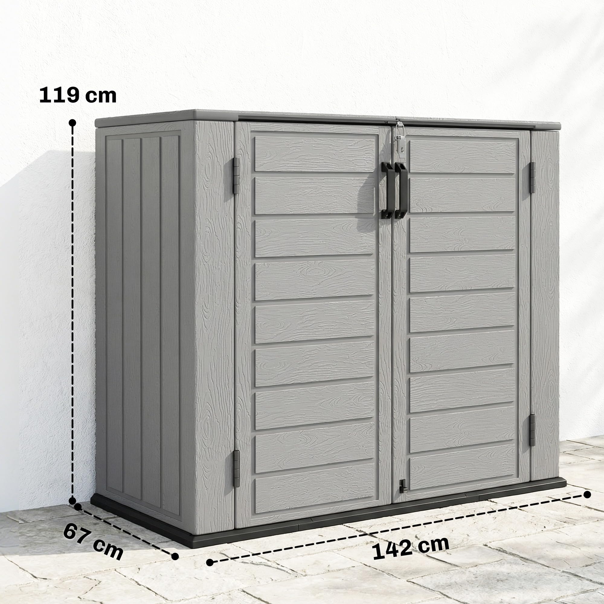 Outsunny Armario de Exterior de HDPE 940L 142x67x119 cm Gris Claro | Caseta de Jardín Exterior, Tapa Abatible, 2 Puertas, Cerradura, Cobertizo para Herramientas