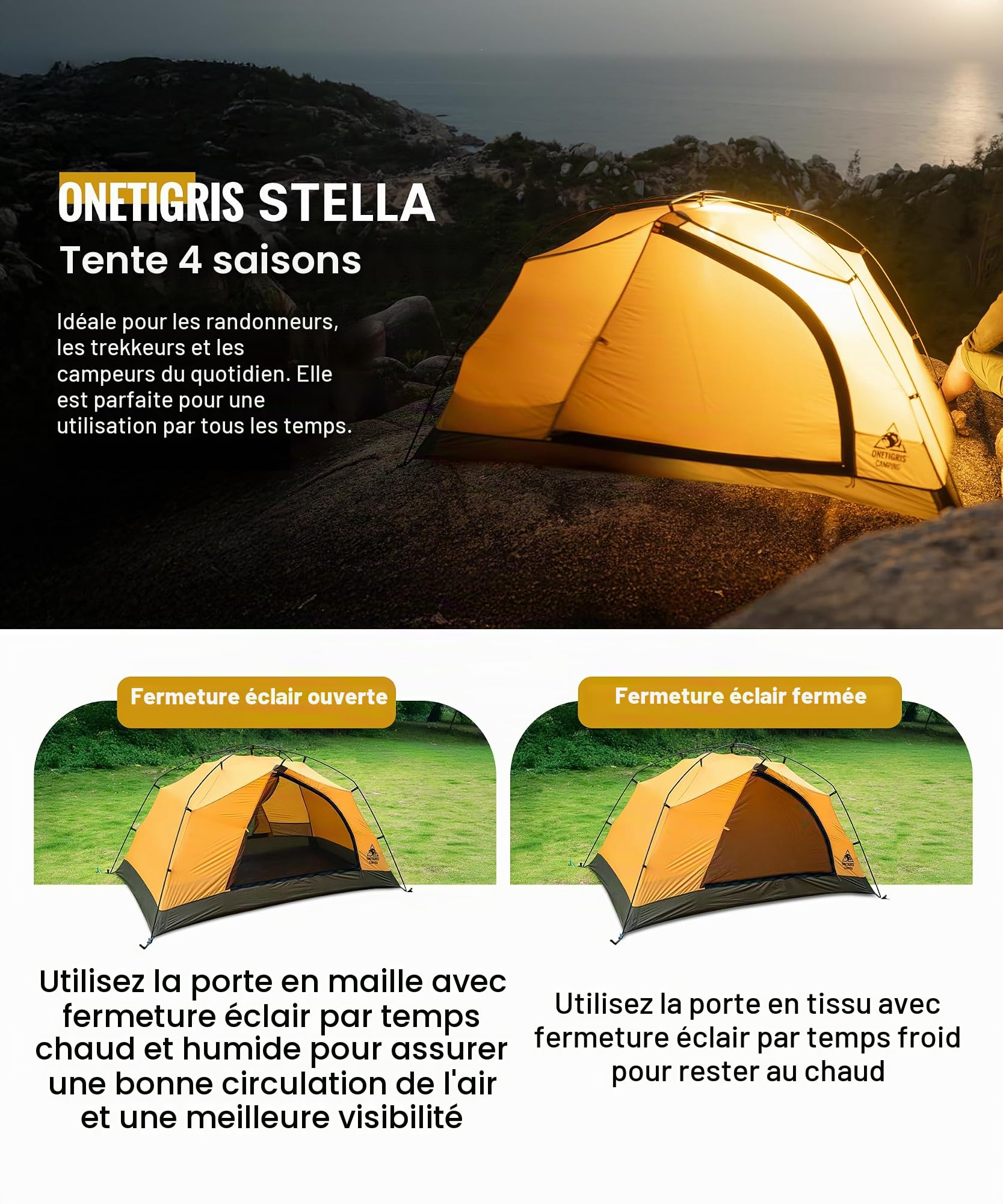 OneTigris Stella Tente de camping autoportante légère 3000 mm étanche 4 saisons pour extérieur, randonnée, alpinisme