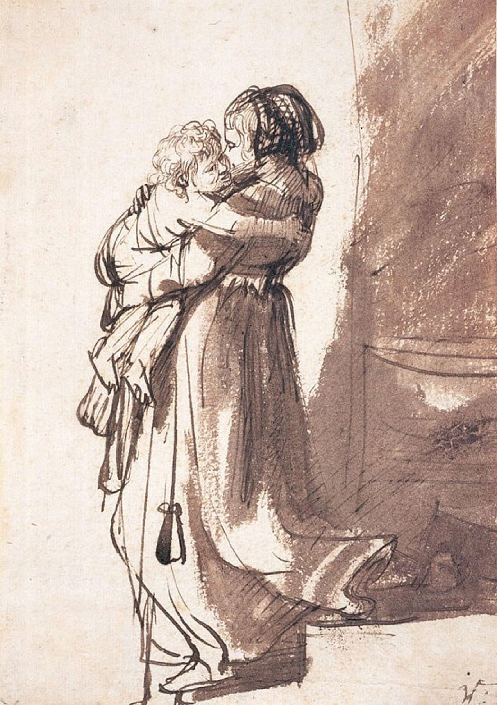 SERENDIPITP Abstract Painting Mural Print Picture Wall Decor Painting Woman carrying A child downstairs by Rembrandt van Rijn Vintage Wall Artwork for Home Decor 60x90cm