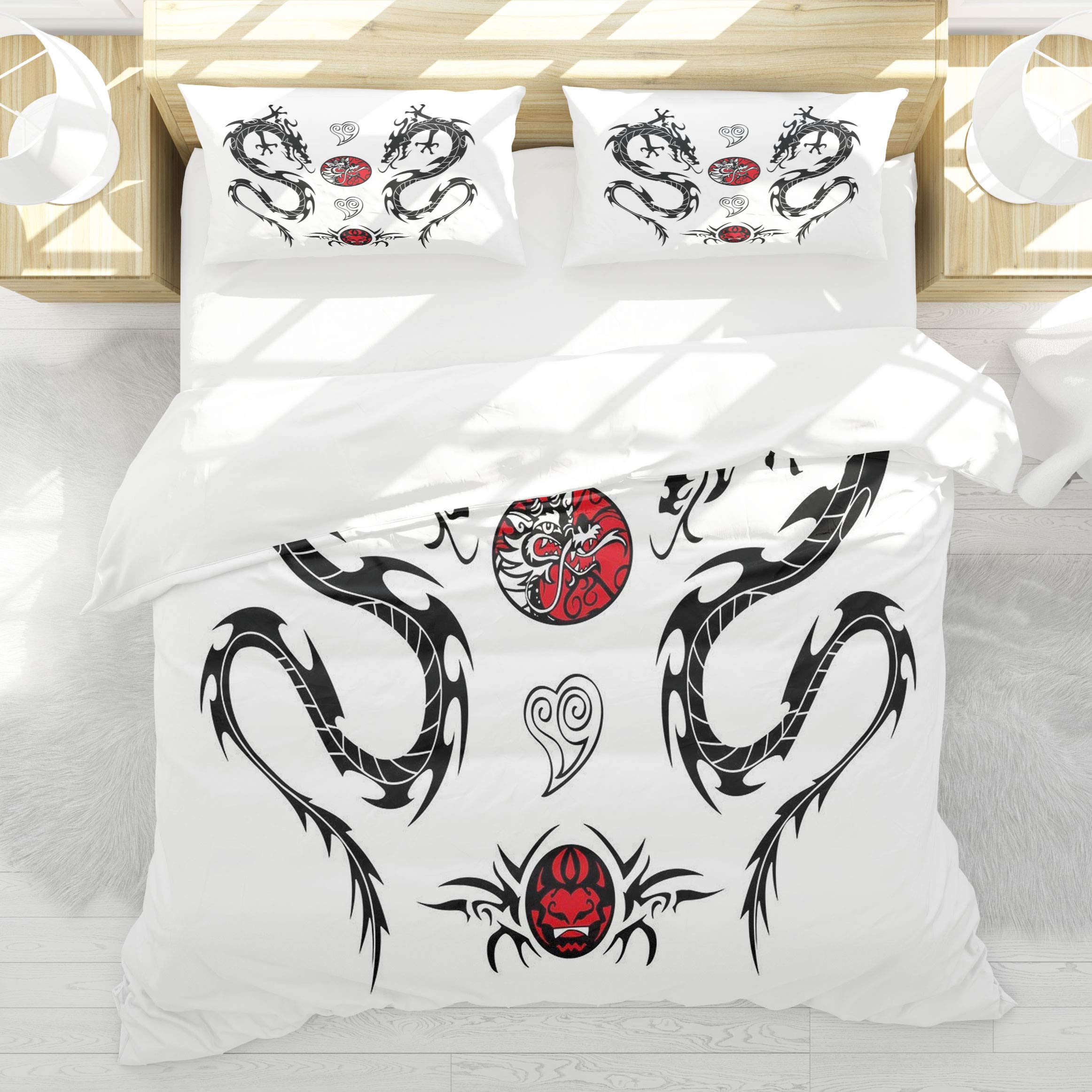 Housse de couette dragon noir parure anti-décoloration 140x200cm pour lit stylisé
