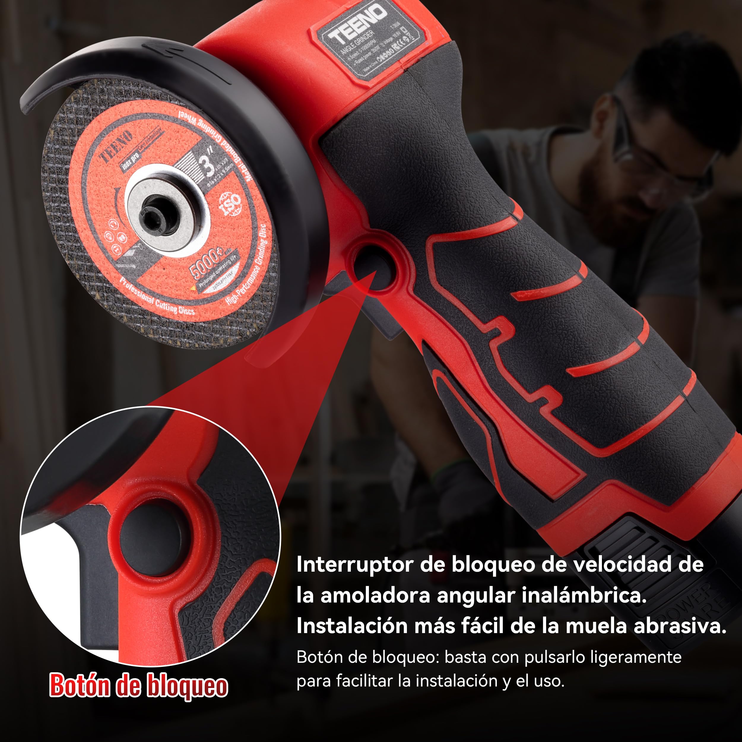 TEENO Mini Amoladora Angular Inalámbrica 16,8V, Radial de Batería 76 mm 19.500 RPM, Kit con 2 Baterías 2000 mAh, Cargador, 6 Discos y Maletín, para Cortar, Lijar y Pulir