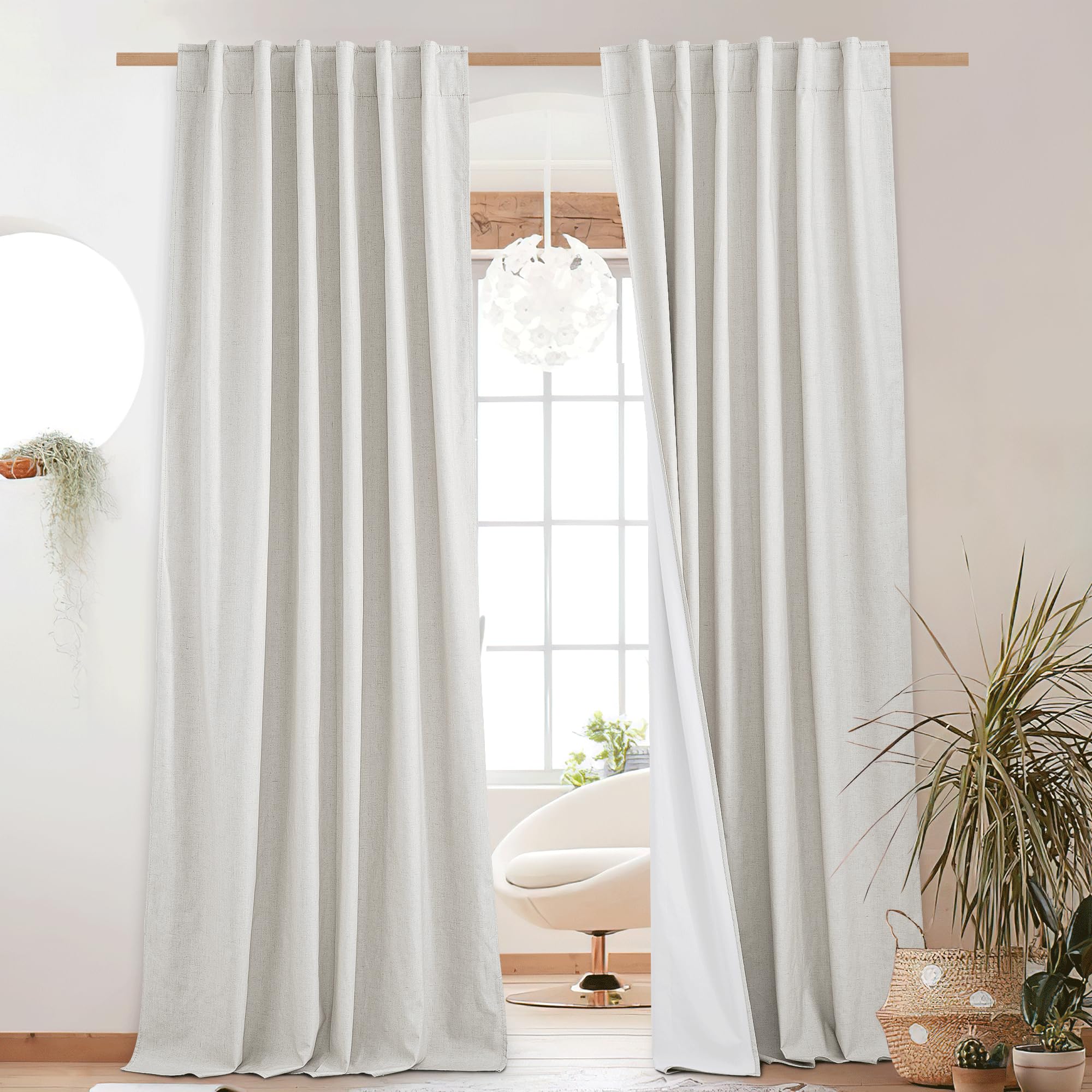 NICETOWN 100% Absolutely Blackout Linen Curtains with Thermal Insulated White Liner, Ivory, W52, 2 Pieces