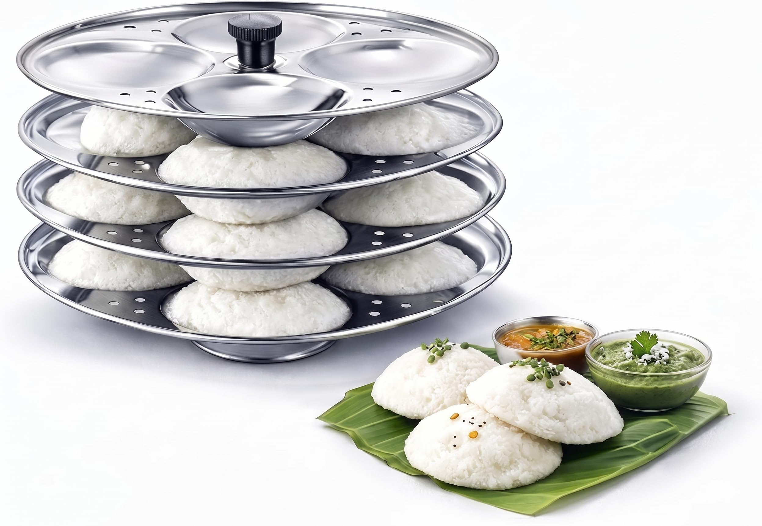 Photo 1 of Stainless Steel Idli Stand 4 Tier Silver Idli Maker Rack for Soft Idlis Durable Steamer Accessory for Pressure Cooker and Electric Cooker Indian Cooking Use.