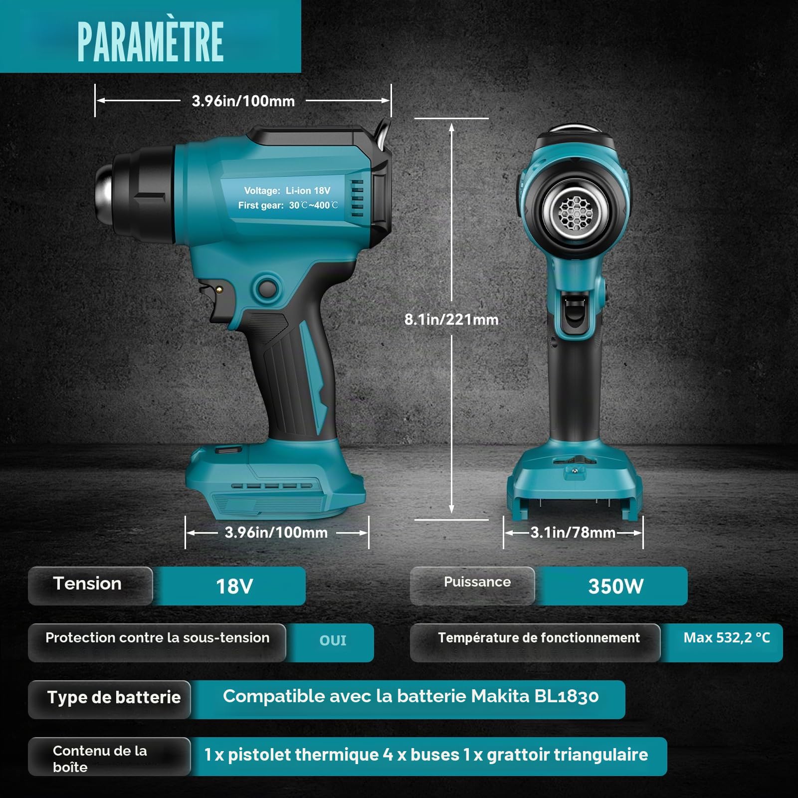 Décapeur Thermique Makita 18V Pistolet à Air Chaud Sans Fil 30-400℃ Température Réglable 4 Buses