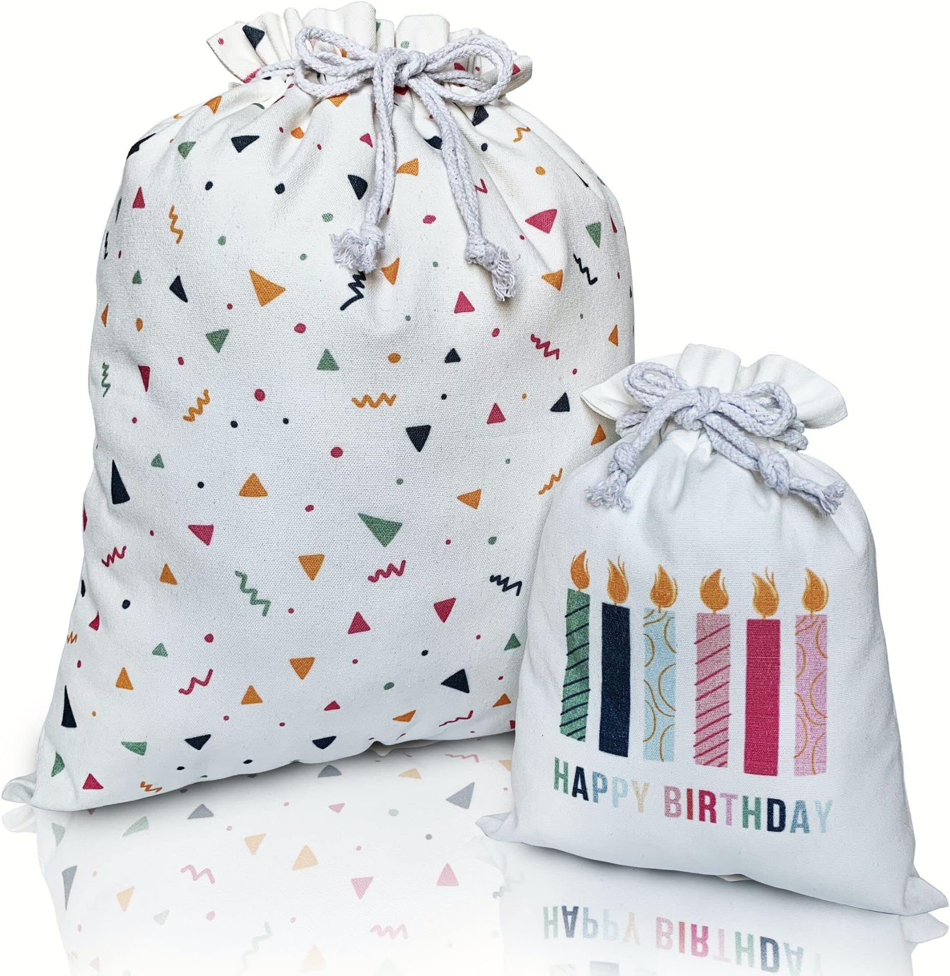 Gather & Knot Drawstring Gift Bags | 20" Large 12" Small | Happy Birthday | Gender Neutral Reusable Fabric Wrap for Adult or Kids Birthday | Confetti