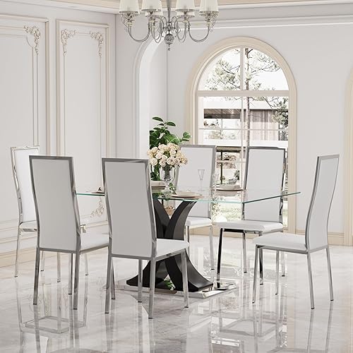 Miniatura 21 de Moderno juego de mesa de comedor rectangular de vidrio para 4, 63 pulgadas, mesa transparente de cocina de lujo con base negra y plateada, 4 sillas