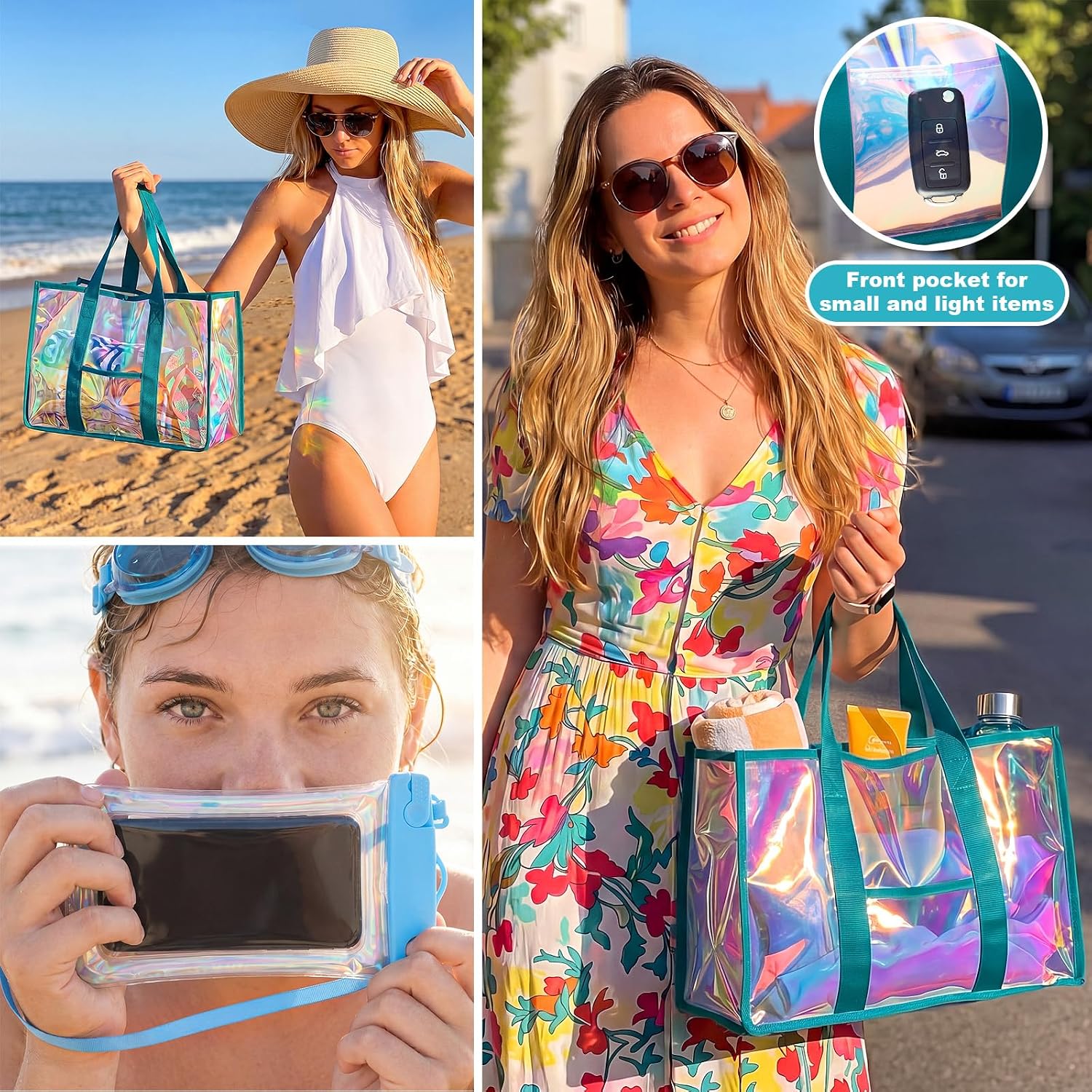 3 Pcs Waterproof Beach Bags Women Clear Iridescent Tote Bag Cosmetic Pouch for Phone Travel Beach Pool Essentials(Laser,Emerald Blue)