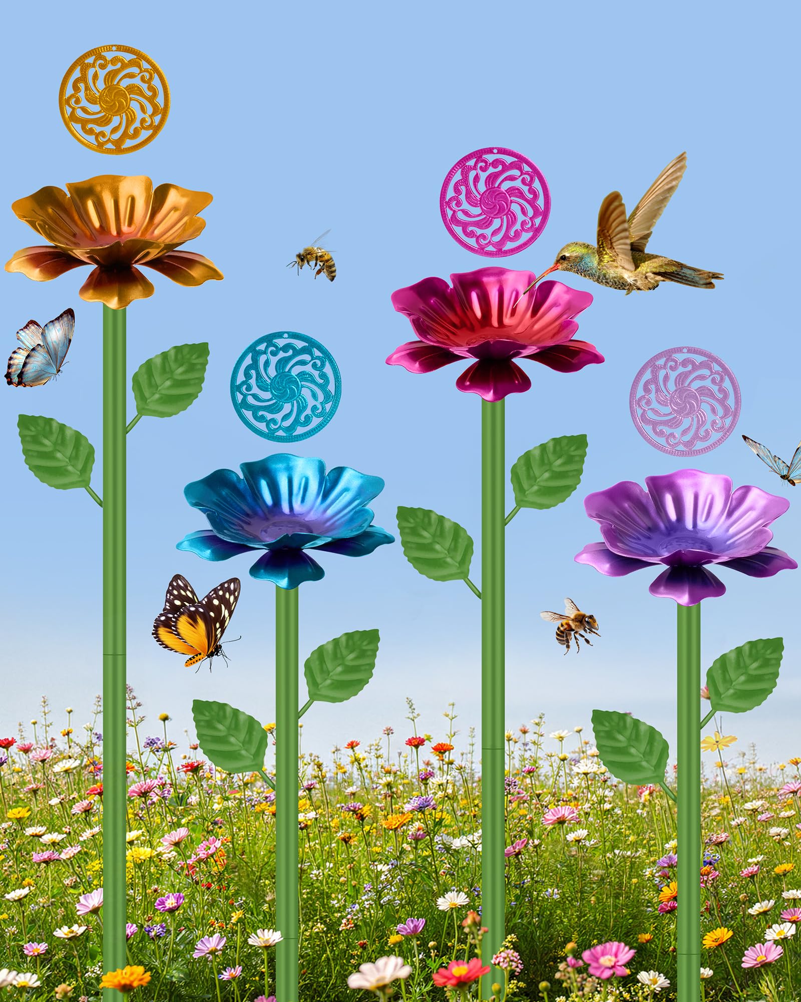 Set da 4 Stazioni di Abbeveraggio per Api con Isola Galleggiante, Vaschette a Forma di Fiore a Doppio Strato per il Giardino, Vaschetta in Metallo per Farfalle e Uccelli (Rosso, Blu, Giallo, Viola)