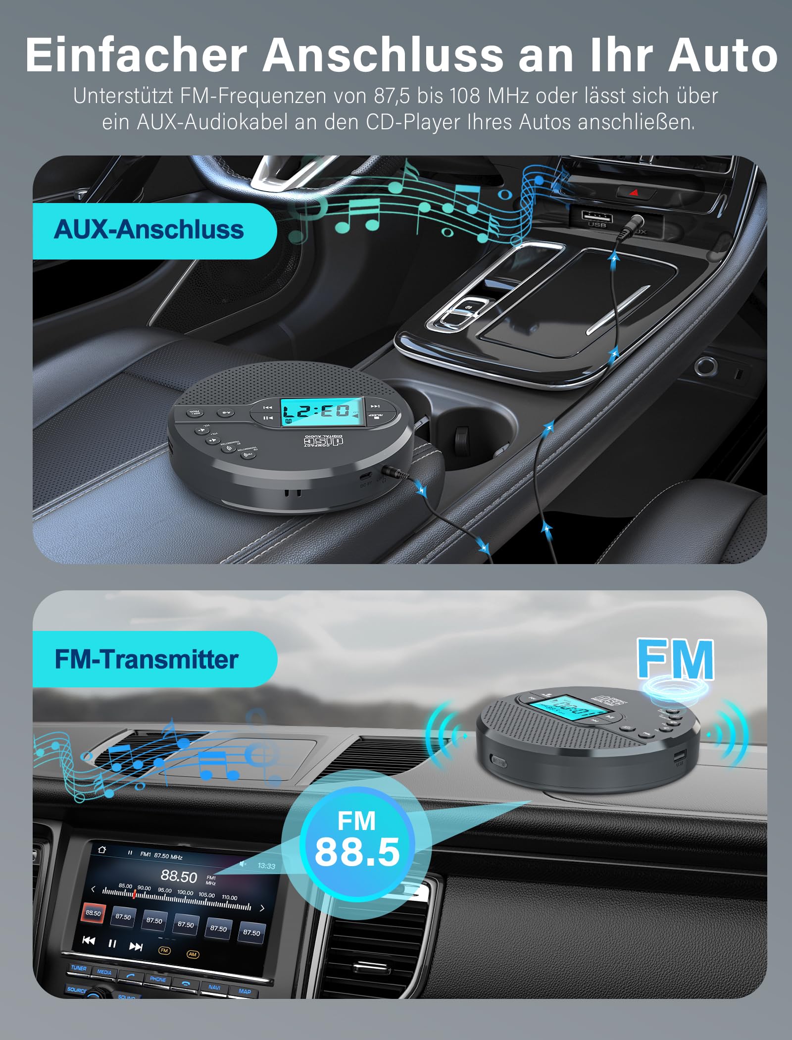 Discman-CD-Player mit Bluetooth-FM-Transmitter, Kopfhörern, LCD-Bildschirm, AUX, integriertem Lautsprecher, USB-Anschluss, 2000mAh wiederaufladbarer CD-Player tragbarer mit Anti-Skip-Schutz