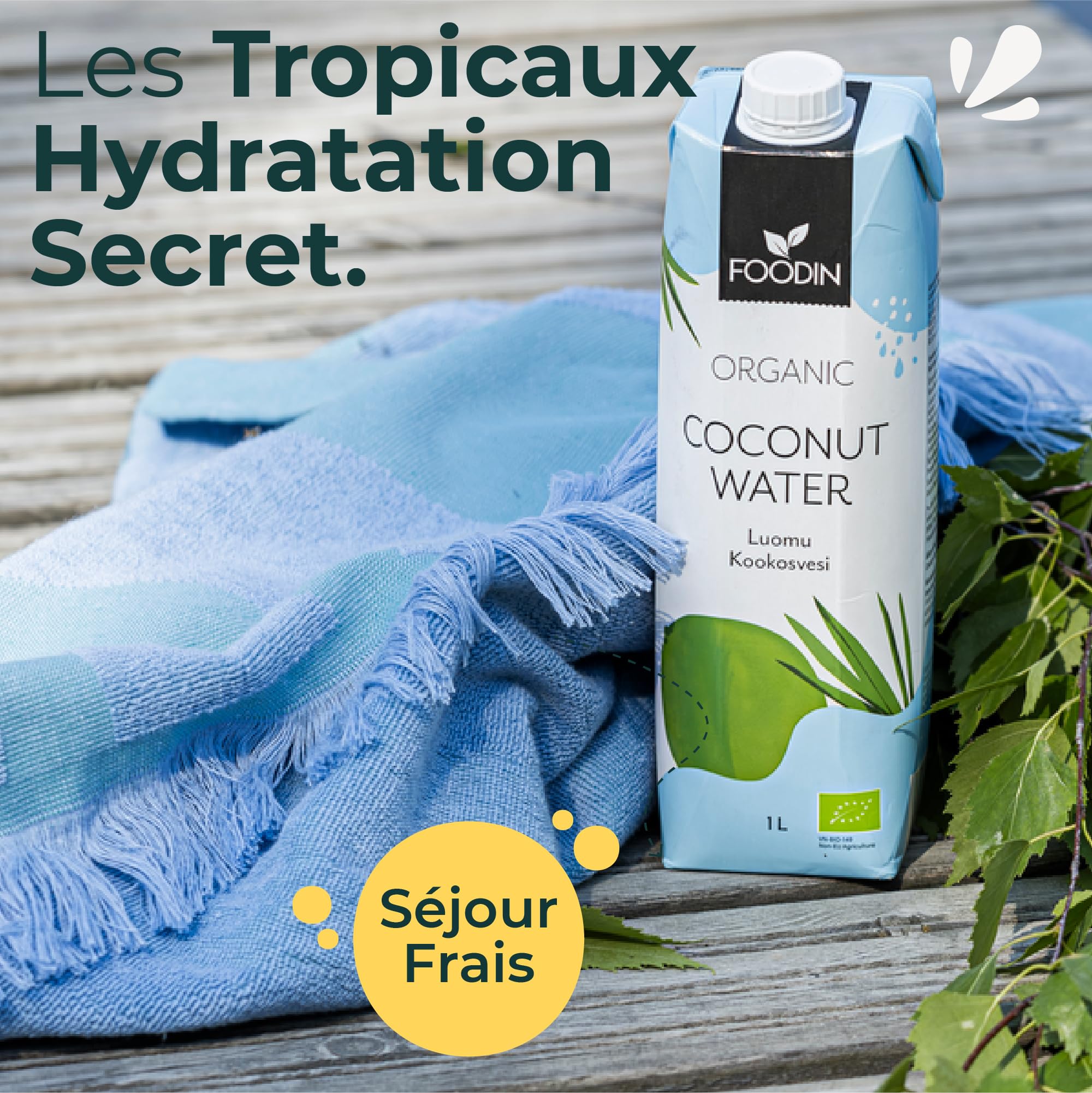 Foodin Eau de coco Bio, Naturellement hydratante avec des électrolytes, Sans gras, Sans gluten, Sans OGM, Faible en calories - Désaltérant apaisant - Paquet de 6 (6x1000ml)