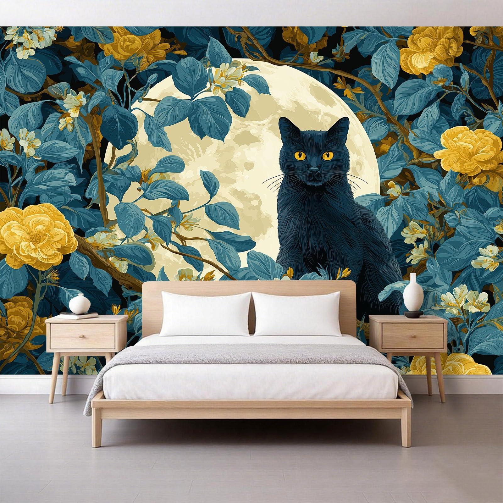 Zwierzęta, koty, kwiaty, księżyc, sztuka, fototapeta, 500 x 280 cm, efekt 3D, obraz ścienny, tapeta z włókniny, nowoczesna tapeta ścienna, do salonu, pokoju dziecięcego, sypialni, tło TV, dekoracja