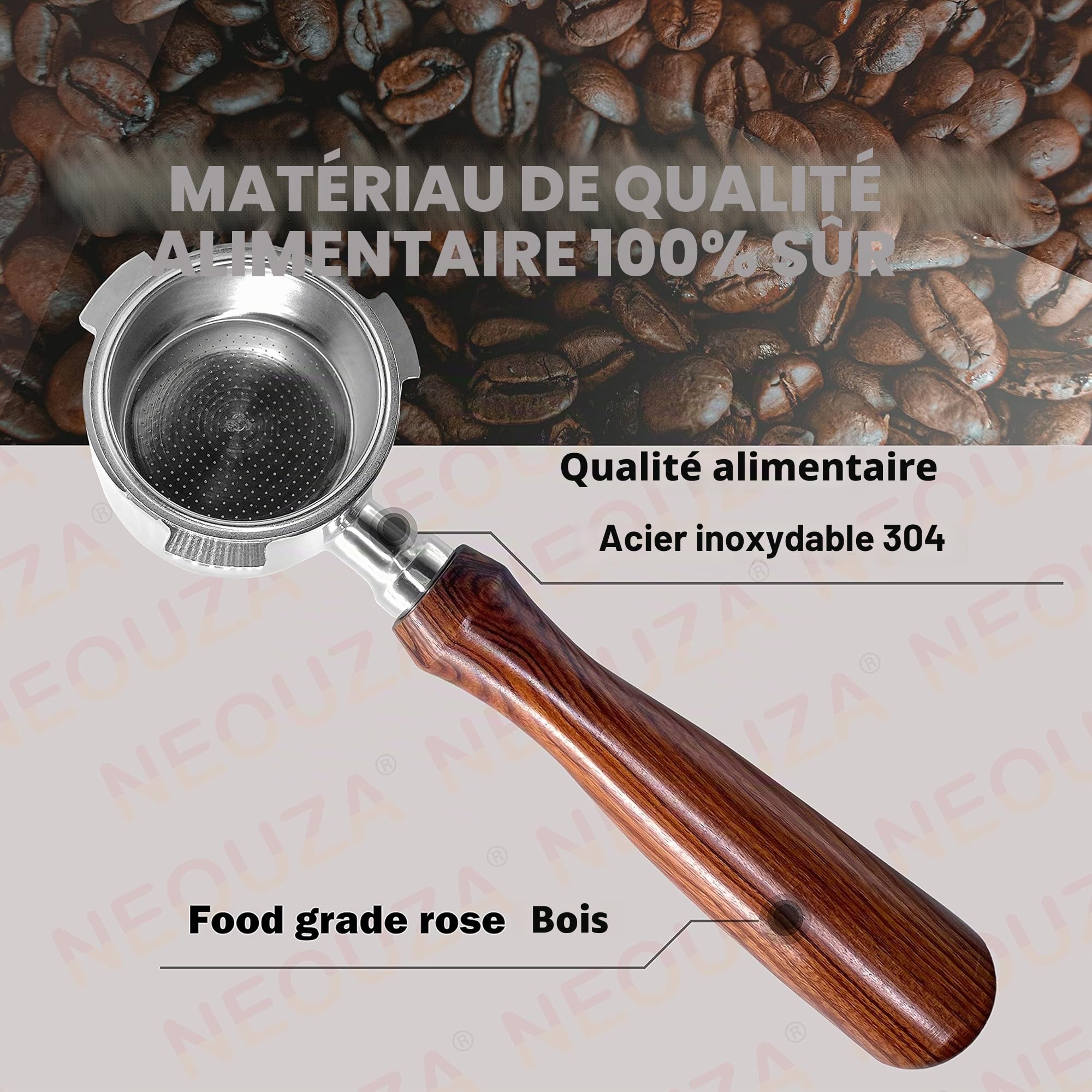 NEOUZA Espresso Bottomless Porte-filtre 51mm Compatible avec DeLonghi Dedica EC680/EC685/EC785/EC820/EC850/EC860 Machine à Café Smeg, Acier Inoxydable, Palissandre Premium