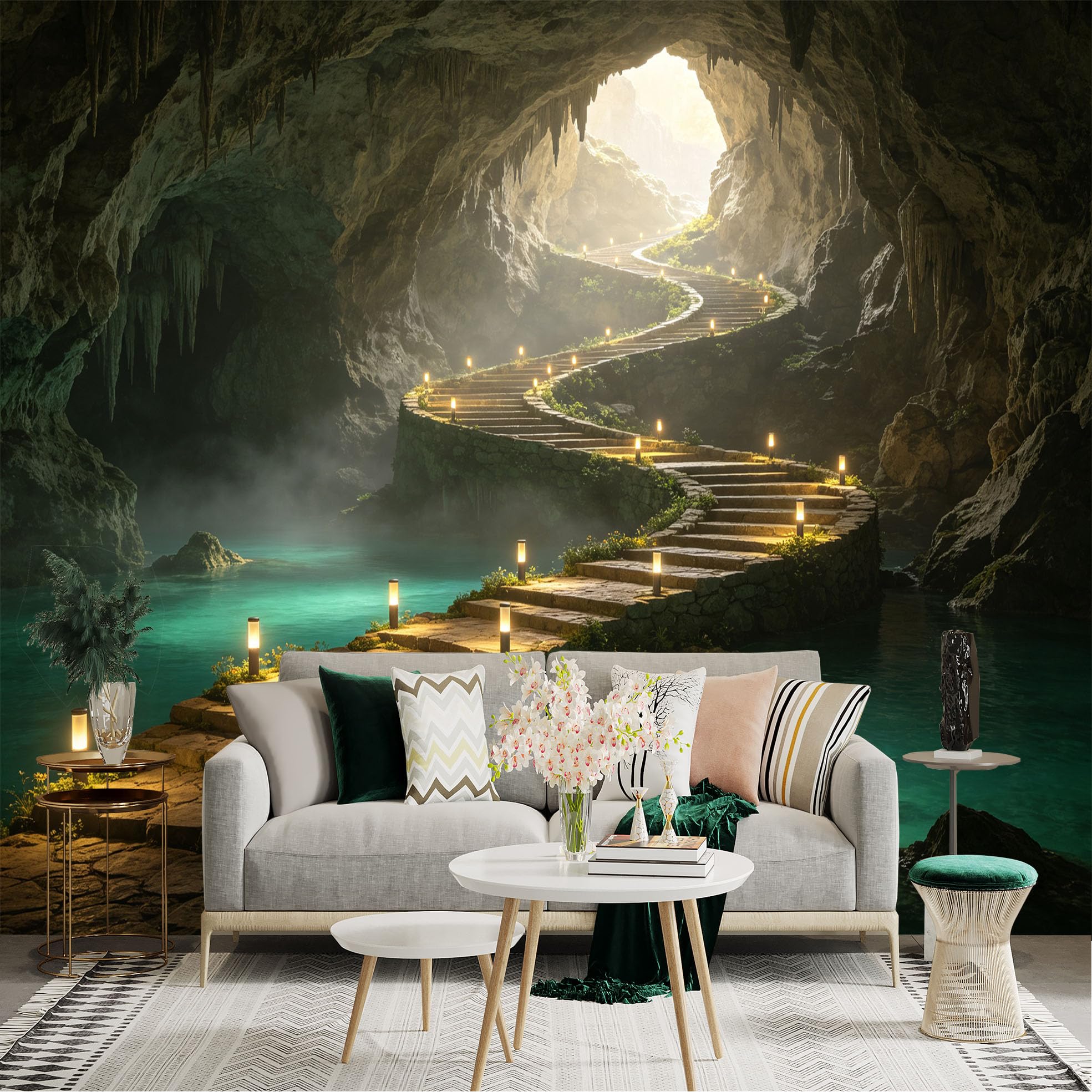 Custom Size Wall Sticker Mural， Mysterious Limestone Cave， Glowing Stone Stairway， Tranquil Turquoise Underground Lake， Scenic Pathway， for wall Decoration， peelandstick wall Decals.