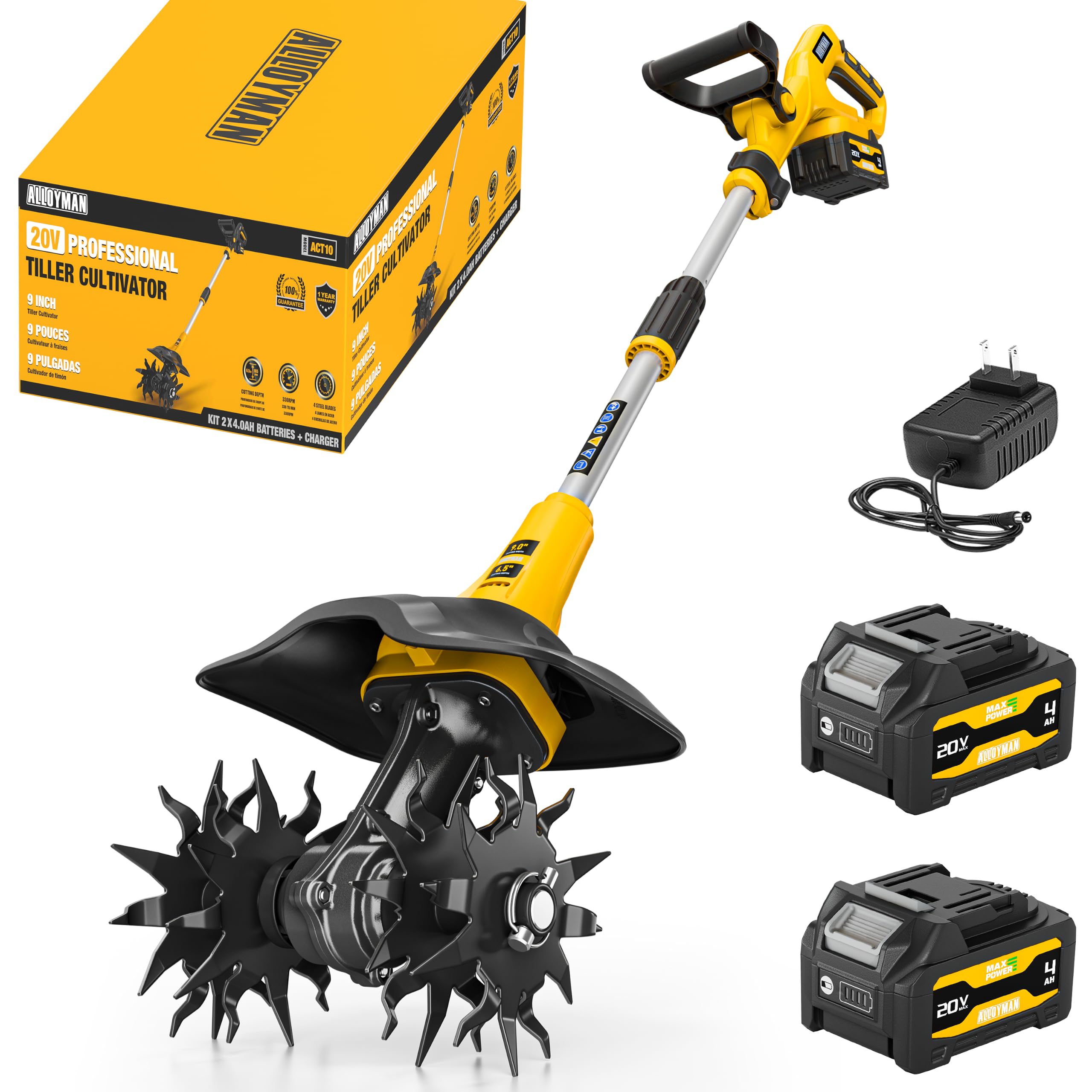 Alloyman 20V Cordless Tiller Cultivator, 330RPM Electric Tiller for Gardening with 2*4.0Ah Battery, 9" Tilling Width 6.5" Depth, Lightweight Adjustable Handle Rototiller for Gardening/Soil Cultivation