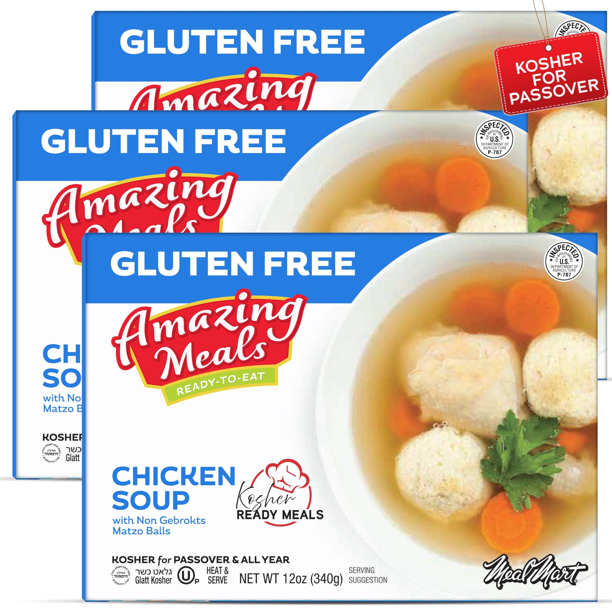 Kosher for Passover Ready Meals - Chicken Soup with Non Gebrokts Matzo Balls, MRE Meat Meals Ready to Eat, Gluten Free Food, Halal, (3 Pack) Prepared Entree Fully Cooked, Shelf Stable Microwave