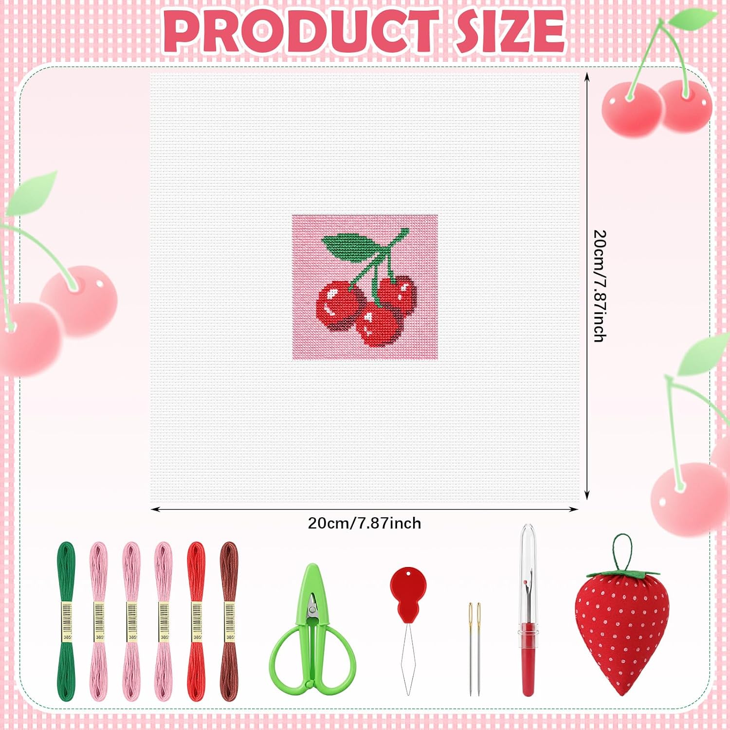XunYee Cherries 18 Mesh Needlepoint Canvas Kit Hand Painted Canvas Embroidery Craft Set Includes Cherries Pattern Canvases 7.8 Inch Thread Pincushion Scissors Seam Ripper Needle Threader Needles